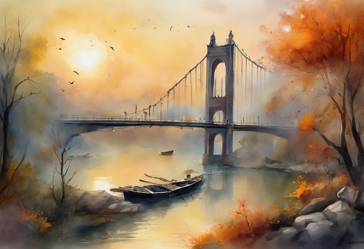 Beautiful view of the bridge with cars and birds flying by, soaring towers and bridges, high bridge,There are cities on it, elegant bridge between towers, bru, sky bridges, Bridge City, sky bridges, illustration matte painting, beautiful high resolution, crooked bridge, symmetric matte painting, suspended bridge!, lots of bridges, sky bridges, an illustration of, Official illustration