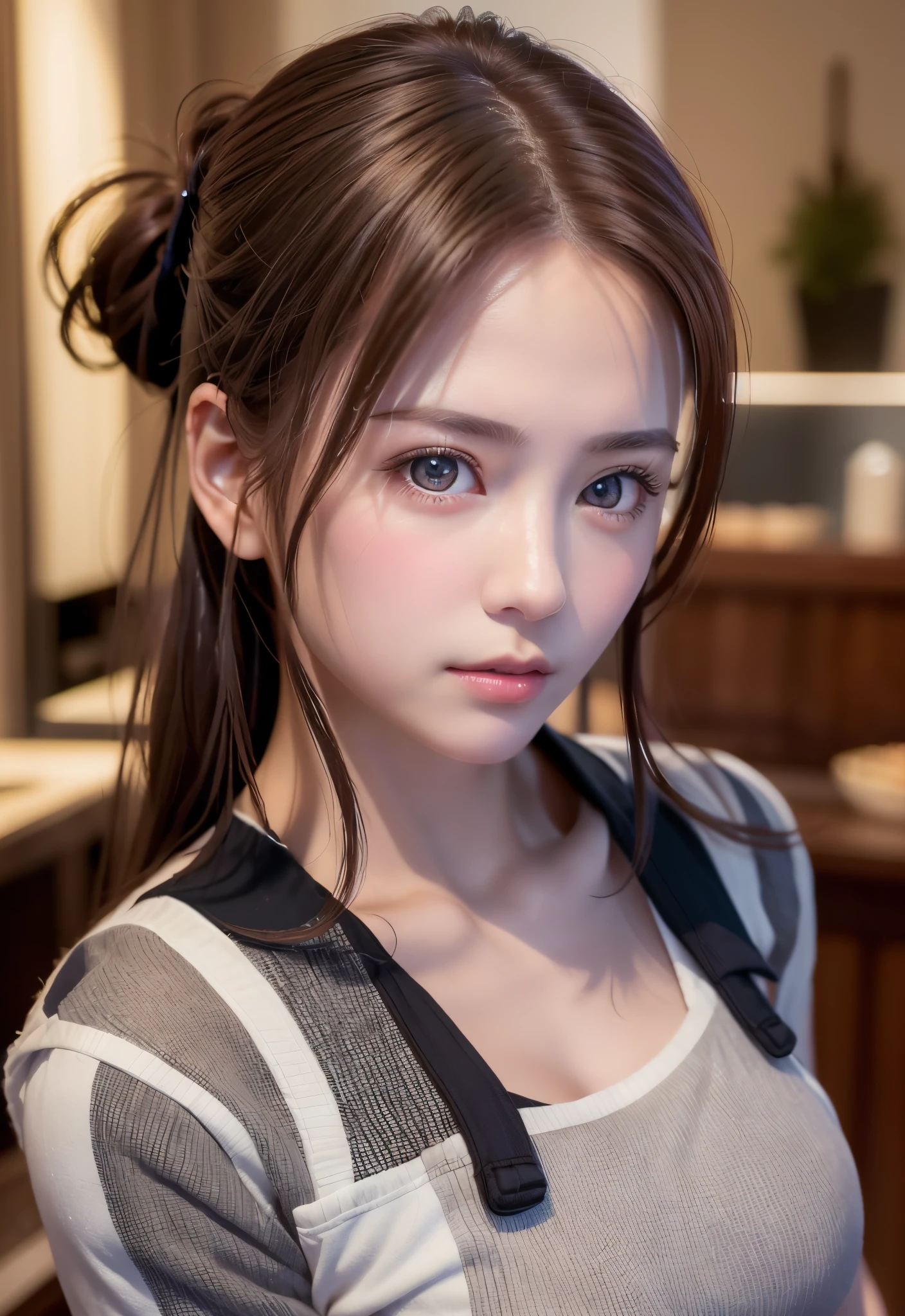 8K, of the highest quality, masutepiece:1.2), (Realistic, Photorealsitic:1.37), of the highest quality, masutepiece, Beautiful young woman, Pensive expression, Gentle eyes, Apron naked、full of shyness、Hair tied back, Messy mood, Cinematic background,  Light skin tone