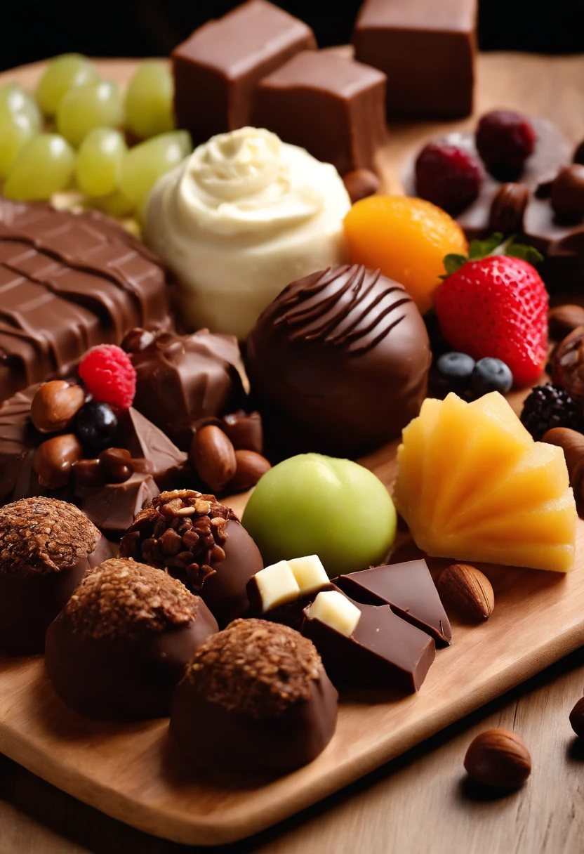 An overhead shot of a beautifully arranged chocolate tasting platter, featuring an assortment of dark, milk, and white chocolate truffles, each delicately decorated and paired with complementary palate-cleansing fruits and nuts.,original,Extremely handsome white man with dark hair and some stubble. Chiseled face. Early to mid forties. Chef. Chocolate maker. , male