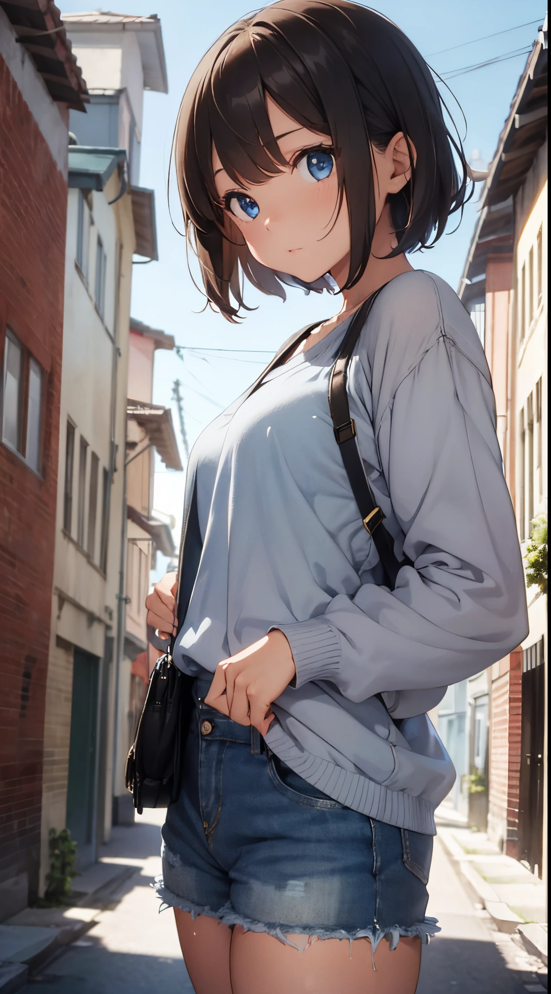 girl, short half hair, brown hair, blue eyes, grey sweater, short denim