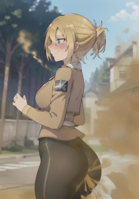 ((annie leonhart)),((velocity)),Yellow smoke,Attacked by farts, (((Women stand)),velocity,(Yellow smoke is rising),i'i'i'i'i'i' training field)),((One Woman)),((A girl smells a fart and smiled frowned)),((fart while training)),((blushing)),(masterpiece:1.2、top-quality)、(the Extremely Detailed CG Unity 8K Wallpapers、ultra-detailliert、Best Shadows)、(细致背景)、(The best lighting、extremely delicate and beautiful)、depth of fields、1girl in、独奏 ,looking arround her,Women wear scout outfit and wear white legging,Ephemeral,,(blonde),(scout regiment outfit)),((((Girl is embarassed when she smells the bad smell of farts)))),outfit like a scout regiment,((((profile facing diagonally)))),((i'I closed my mouth with hand feel embarassed...)),(()),((embarassing look)),((massive fart)),((fart text))