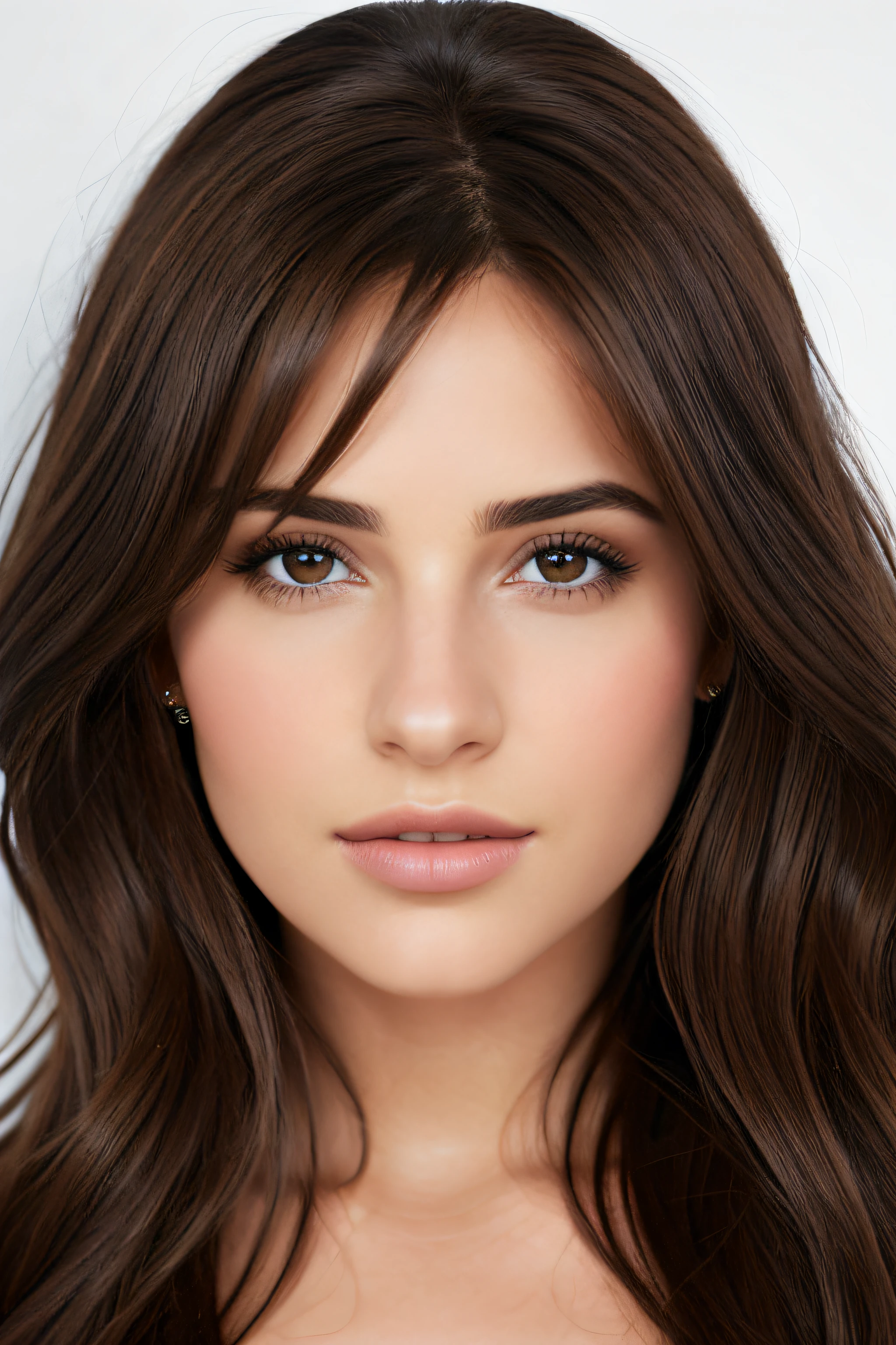 1mujer, (realista:1), brown hair, Cabello largo, ojos negros, feliz