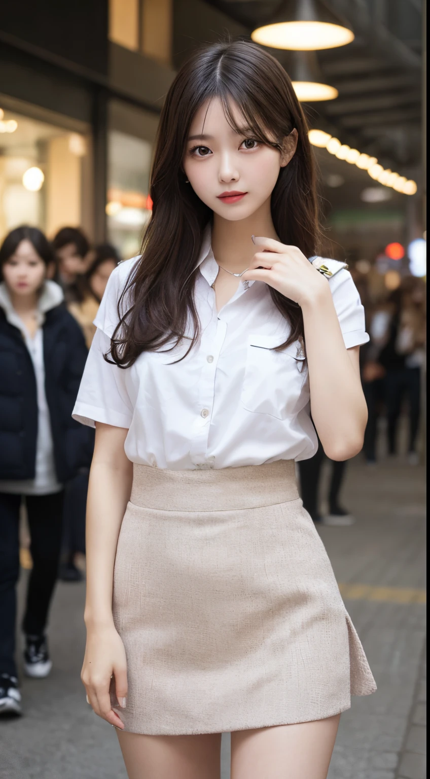 finely detail, hight resolution, hightquality、Perfect dynamic composition, A tight-skirt police officer with beautiful detailed eyes, small tits、Natural Color Lip,Kamimei、Shibuya、a 18 year old girl、1 persons、Transparent skin、Glowing hair、masutepiece, Best Quality, Illustration, Ultra-detailed, finely detail, hight resolution, 8K、The correct state of the human body、Randomly cute poses,beauty legs,Perfect beautiful face,KPOP Idol Face,Face that feels ecstasy,Background blur,Dress up as a random female model