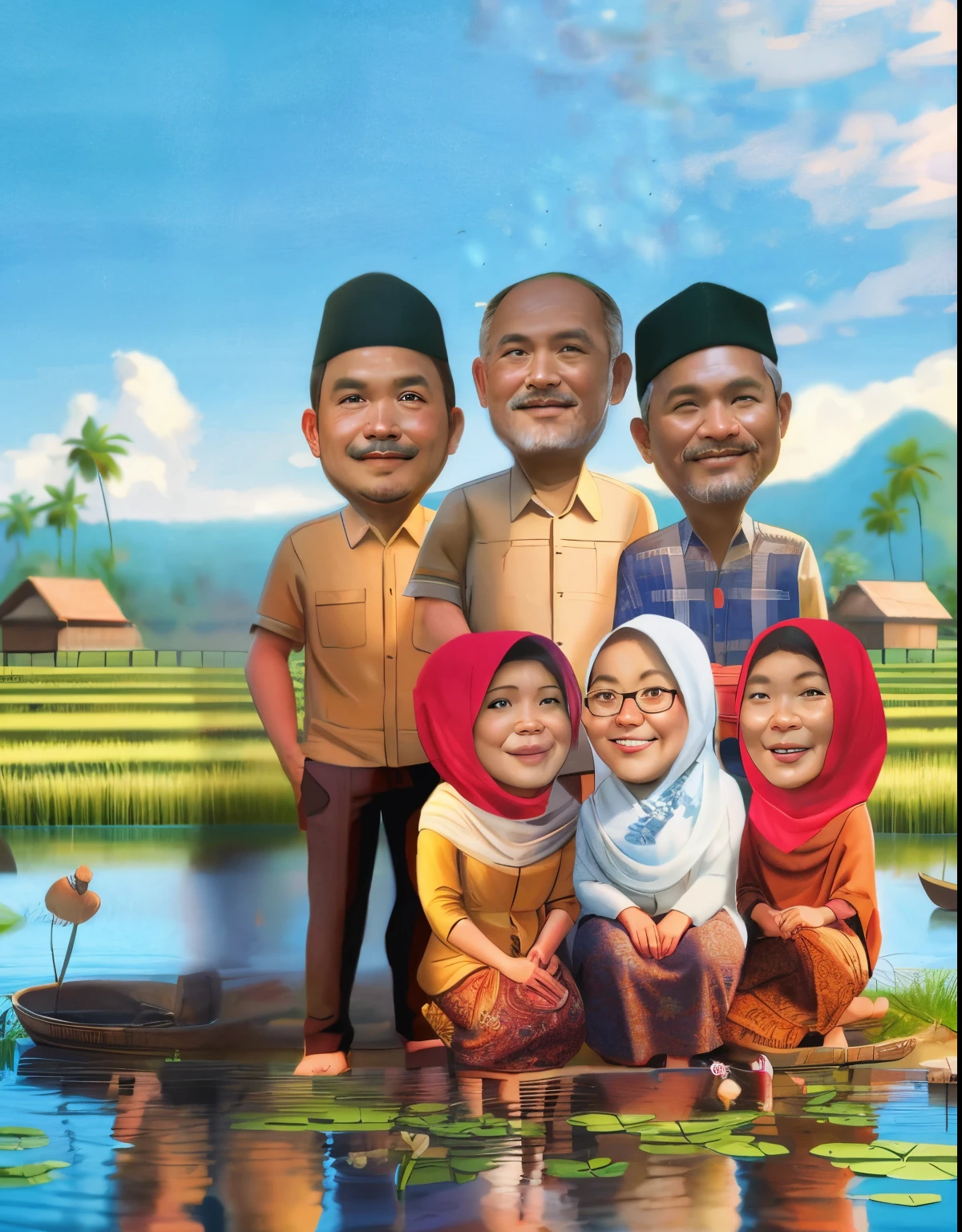 there are a group of people standing together in front of a lake, an indonesian family portrait, Wearing batik clothes, potrait, happy family, in cartoon style, full protrait, caricature illustration, caricature style, by Abidin Dino, caricature, family, protrait, family portrait, caricature, traditional art