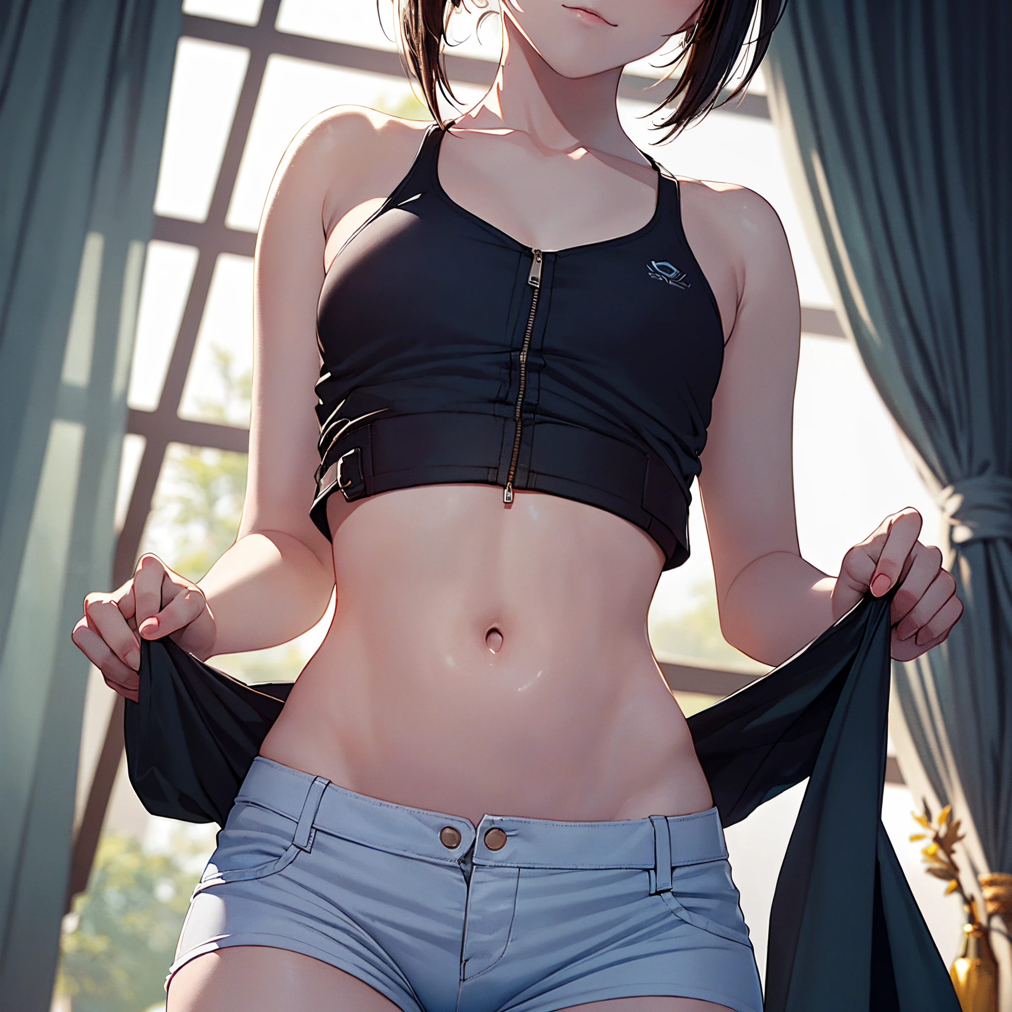 (8K、Best quality、tmasterpiece:1.2)、(Endless realism、Photorealsitic:1.37)、hyper-detailing,(8K, Best quality at best, tmasterpiece:1.2),\(Eyes detailed\),\(facial feature\),(\(Clothes detail details\)\),1 girl,Alone,(pale-skinned:1.3),Slim,The faintly visible collarbone,vaguely visible ribs,Small under breasts,Wear a cropped vest,navel,fabric hot pants,groin,A beautyful girl