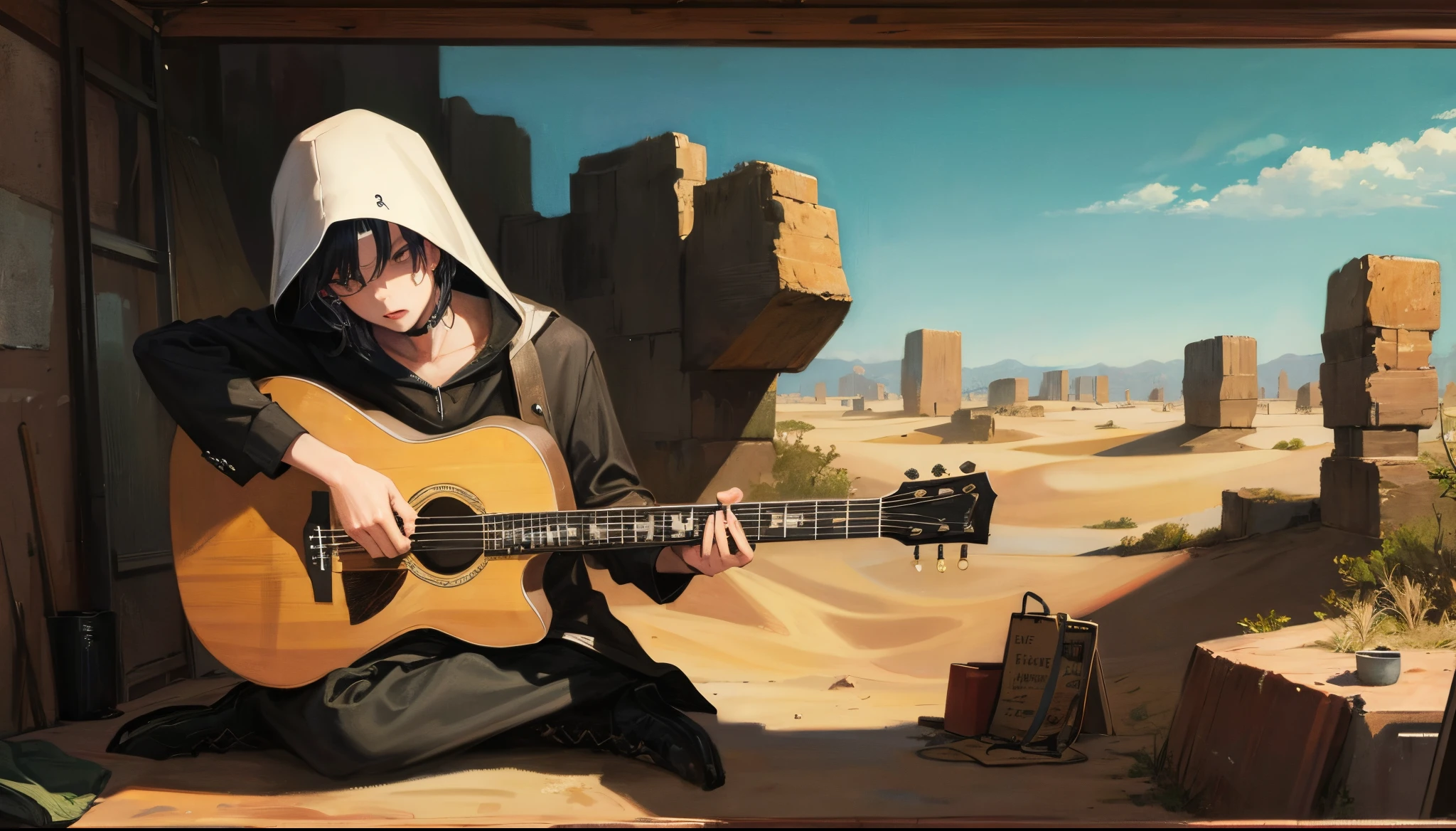 Make a painting of the grim reaper playing the guitar if he was a Westerner in the desert