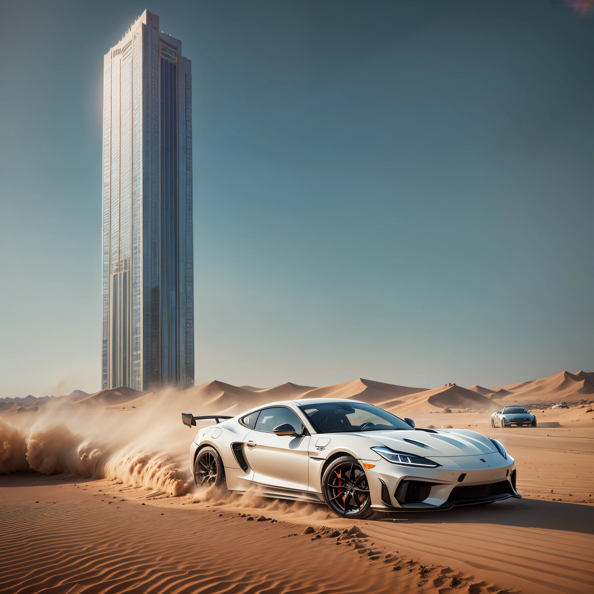 There is a tall building in the desert and a nice sports car is running in front of it. Sand dust is flying. --auto --s2