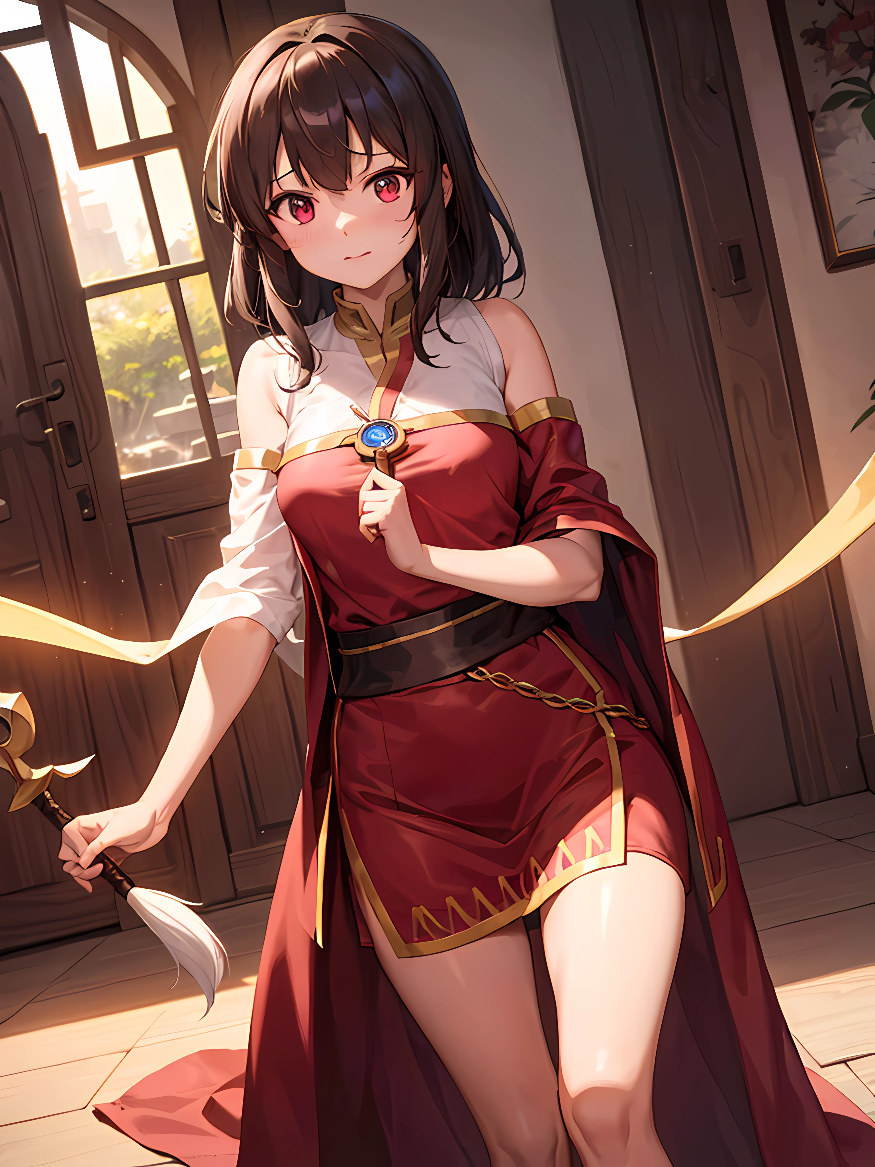 Megumin is a powerful mage in the game of "KonoSubaru!". She's known for her sharp wit and unwavering loyalty to her friends. One day, she discovers a mysterious white saree while exploring a new world. As she puts it on, she feels a sudden surge of power and becomes convinced that the saree is the key to unlocking her true potential as a mage. But as she sets out on a quest to find the saree's true owner, she realizes that she may have bitten off more than she can chew. Along the way, she must confront her own insecurities and learn to trust her instincts if she wants to succeed. Will Megumin be able to unlock the secrets of the saree and become the greatest mage in the land?