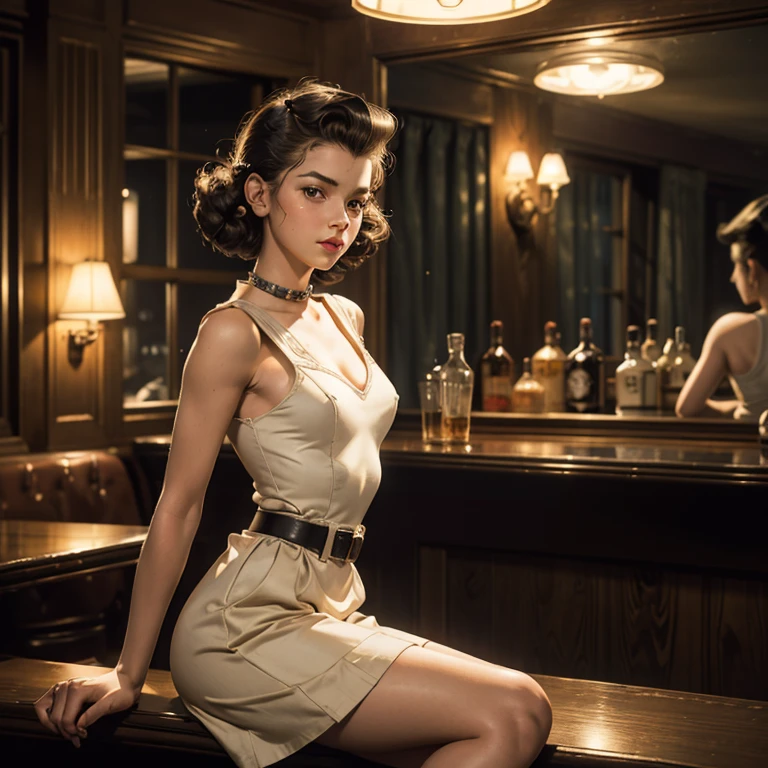 full body portrait of Betty (styled in a 1940's, Sailor Dress, highly detailed:1.3), (highly detailed face:1.8), (1940's Pompadour Hairstyle:1.3), (slim body, small breasts, small hips:1.5), (leaning back on the bar:1.5), (background inside a dark, old, 1940's big-band bar:1.4), (soft studio lighting, volumetric shadows), JCH Street Pan, ISO 100