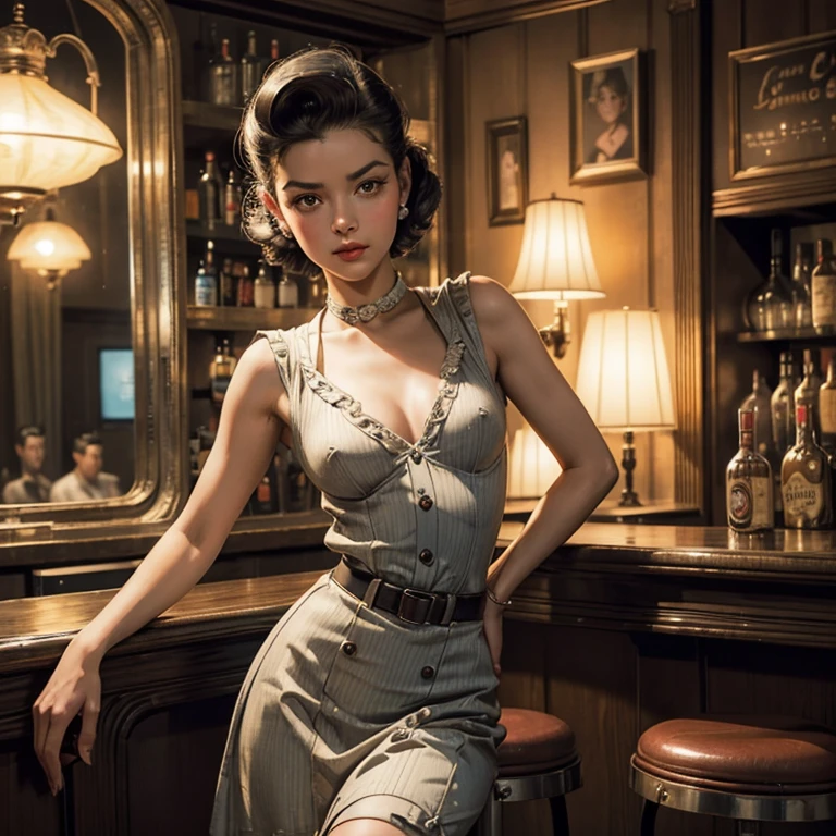 full body portrait of Betty (styled in a 1940's, Sailor Dress, highly detailed:1.3), (highly detailed face:1.8), (1940's Pompadour Hairstyle:1.3), (slim body, small breasts, small hips:1.5), (leaning back on the bar:1.5), (background inside a dark, old, 1940's big-band bar:1.4), (soft studio lighting, volumetric shadows), JCH Street Pan, ISO 100