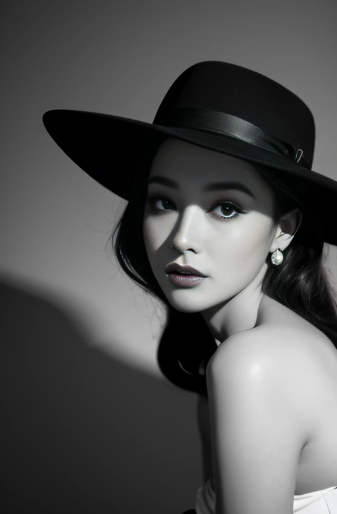 Alafid woman wearing black hat and lips in black and white photo, Inspired by George Herrell, vintage noir, Inspired by Lillian Bassman, inspired by Jerry Schatzberg, author:Clifford Ross, Inspired by Jean-Jacques Henner, film noir style, author:George Hurrell, photography:albert watson, film noir lighting, film noir reality,4K Ultra HD, 超高分辨率, (realistically: 1.4), Best quality at best,tmasterpiece,