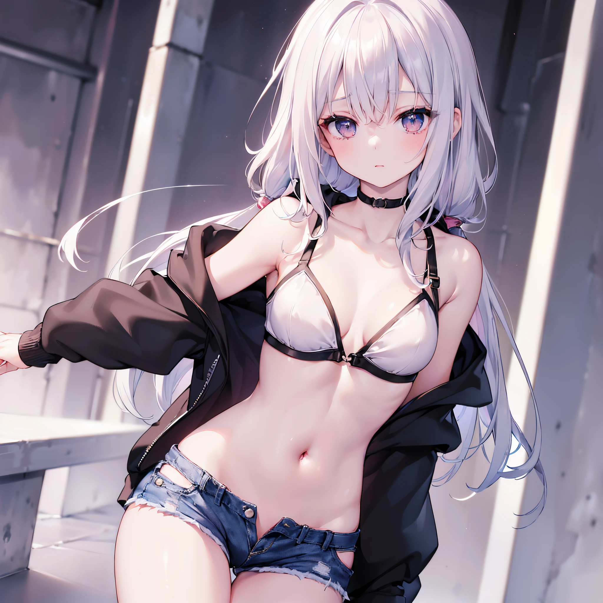 (8K、Best quality、tmasterpiece:1.2)、(Endless realism、Photorealsitic:1.37)、hyper-detailing,(8K, Best quality at best, tmasterpiece:1.2),\(Eyes detailed\),\(facial feature\),(\(Clothes detail details\)\),1 girl,Alone,(pale-skinned:1.3),Slim,The faintly visible collarbone,vaguely visible ribs,Small under breasts,Wear a cropped vest,navel,fabric hot pants,groin,A beautyful girl,(/Oversized hooded sweatshirt:1.2/)