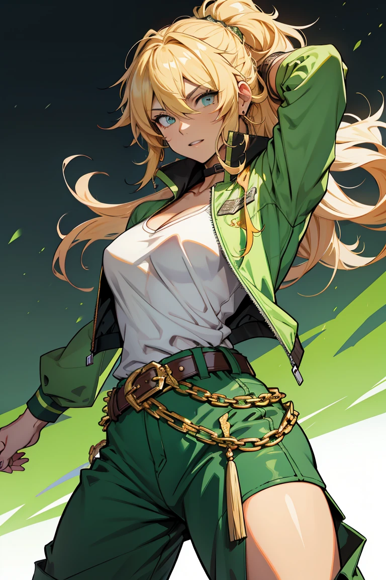 yang xiao long, uma mulher loira, ((olhos roxos e expressivos)), feminina, serious facial expression, middlebreasts, master part, best quality, cabelo sobre um olho, golden hair, long hair up to the waist, green jacket, (clivagem:0.7), belt, green pants, luvas sem dedos, cross-laced boots, ((neve)), apoiada sobre um joelho, de lado