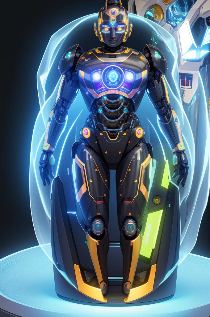 Buddha robot, transparent body, black light, 8K, masterpiece, uhd, top quality, full body