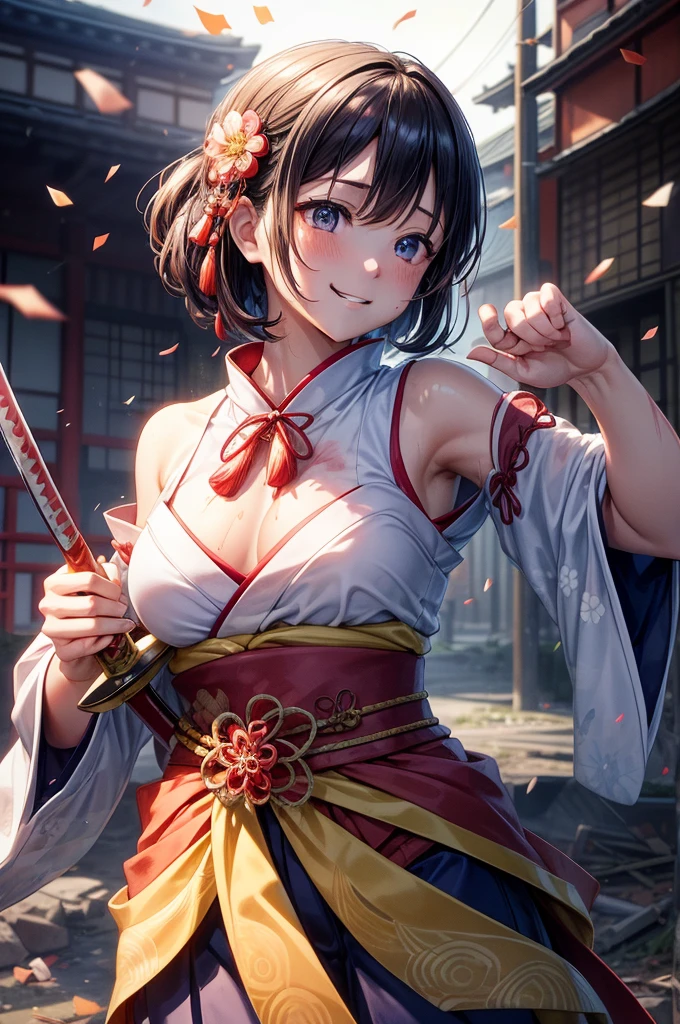 top-quality、Top image quality、masutepiece、The most beautiful girl(Glowing hair、Floral pattern micro mini kimono(Exposed shoulders)、bustccups、valley、Japan sword at the waist、Iaido movements、cutting people、the whole body is wet、A smile、The upper body is covered in blood、5 fingers on the hand)、hiquality、dynamic motion、Background with(World of Japan、Destroyed cityscape、Confetti)
