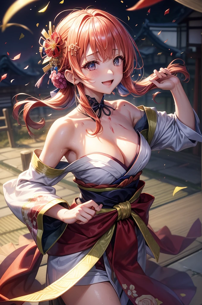 top-quality、Top image quality、masutepiece、The most beautiful girl(Glowing hair、Floral pattern micro mini kimono(Exposed shoulders)、bustccups、valley、Japan sword at the waist、Iaido movements、cutting people、the whole body is wet、A smile、The upper body is covered in blood、5 fingers on the hand)、hiquality、dynamic motion、Background with(World of Japan、Destroyed cityscape、Confetti)
