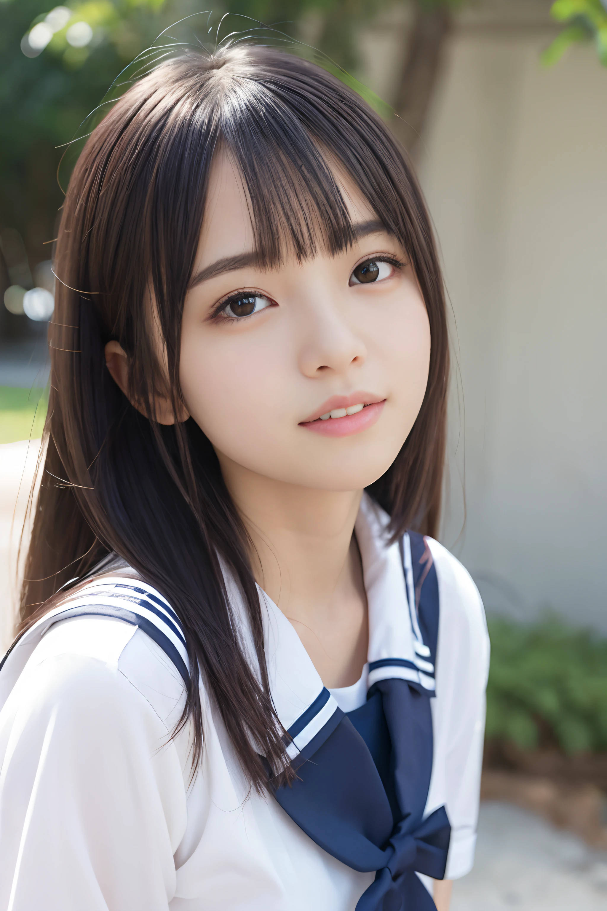 NSFW, 8k RAW photo, ((Sailor School Uniform))top-quality, masterpiece,kawaii faces、dual、 A smile、kawaii faces、超A high resolution, film grains, filmg, 1girl in, looking at the viewers, natural skin textures, realistic eyes and face details, Perfect tooth alignment、Perfect eyes and perfect mouth、 bangss, cparted lips, s lips,