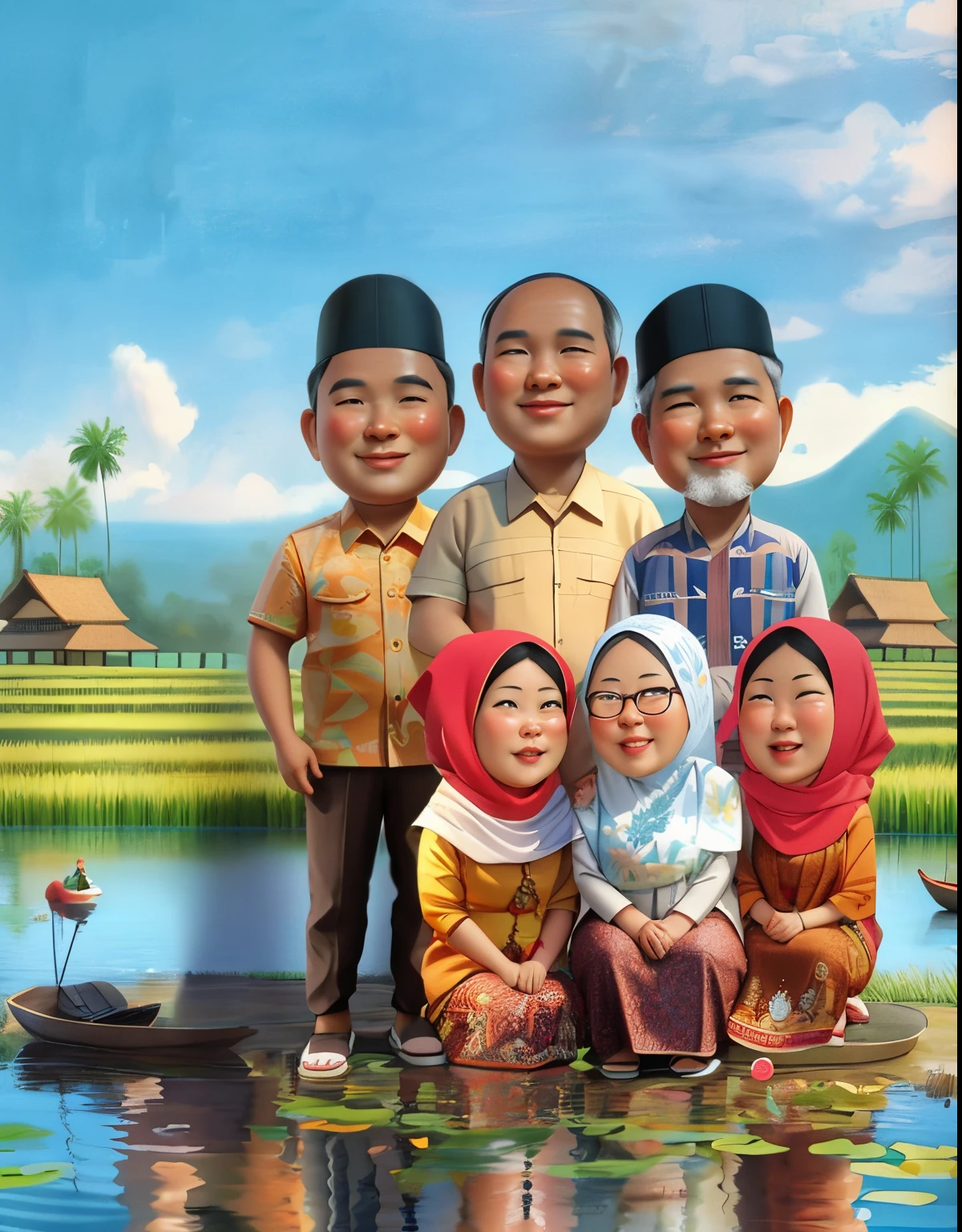 there are a group of people standing together in front of a lake, an indonesian family portrait, Wearing batik clothes, potrait, happy family, in cartoon style, full protrait, caricature illustration, caricature style, by Abidin Dino, caricature, family, protrait, family portrait, caricature, traditional art