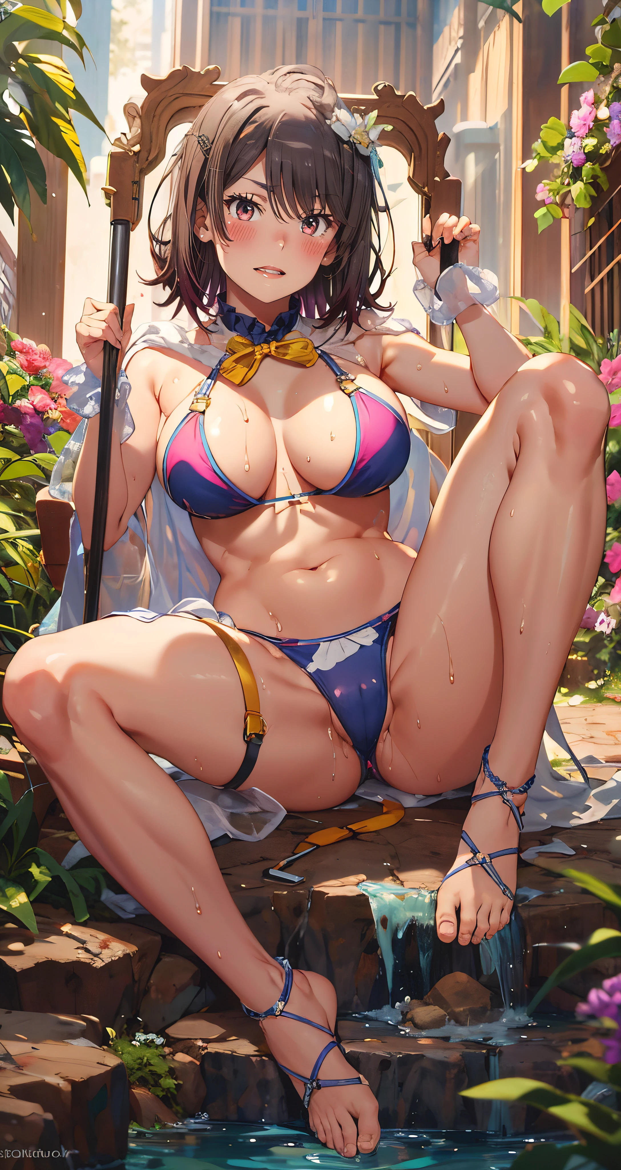 anatomically correct, best quality, masterpiece, high quality, high details, highres, HD, (shaded face:1.2), hollow eyes, maroon eyes, looking at viewer, heavy breathing, smirk, upper teeth, black hair, short hair, belly, bulge tummy, sweating, wet, breasts, 1girl, large_breasts, solo, smile, swimsuit, feet, hair_ornament, looking_at_viewer, bikini, long_hair, blush, staff, navel,