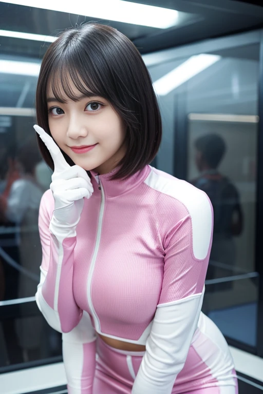 (put index finger on mouth, shiny rubber suit, stare at viewer, leaning forward, 1 girl, looking at viewer, from front, facing straight at viewer, pink and white clothes, white gloves, futuristic space suit, inside spaceship room), smile, upper body, body suit, short pencil skirt, high neck clothes, hide the neck, drooping eyes, head tilt, masterpiece, best quality, an extremely cute girl, 20 years old, girl, black hair, middle short hair