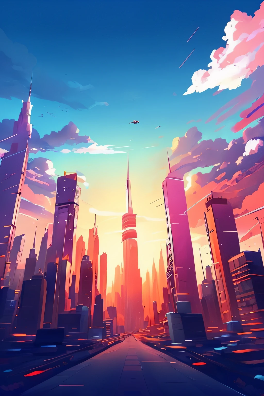 Cityscape with skyscrapers and sunset as background, beautiful cityscape, anime style cityscape, day cityscape, amazing wallpapers, Inspired by Sylvain Sarrailh, inspired by Cyril Rolando, colorful city, Beautiful iPhone wallpapers, Just a joke, beautiful city, author：Sylvain Sarai, arte de fundo, City sunset, 4 k hd illustrative wallpaper
