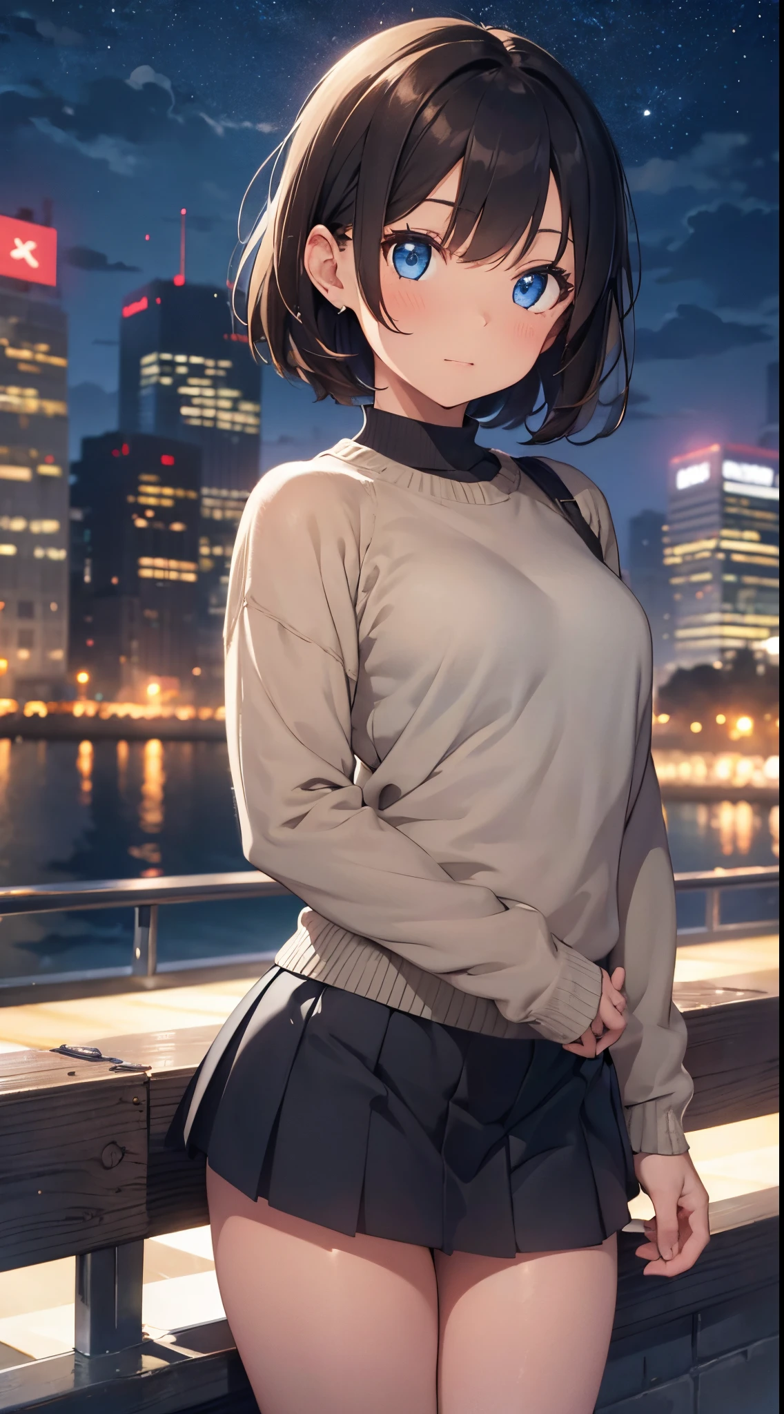cat ears on the head of a beautiful young woman wearing short hair, usando meias preta longas e sueter branco apertado,corpo inteiro na foto,cidade a noite varias luzes,belas coxas, coxas lindas belhos olhos detalhados., sueter branco apertado,maio apertado , tight pantyhose,ceu limpo a noite com estrelas numa cidade a noite,short curto linda jovem.