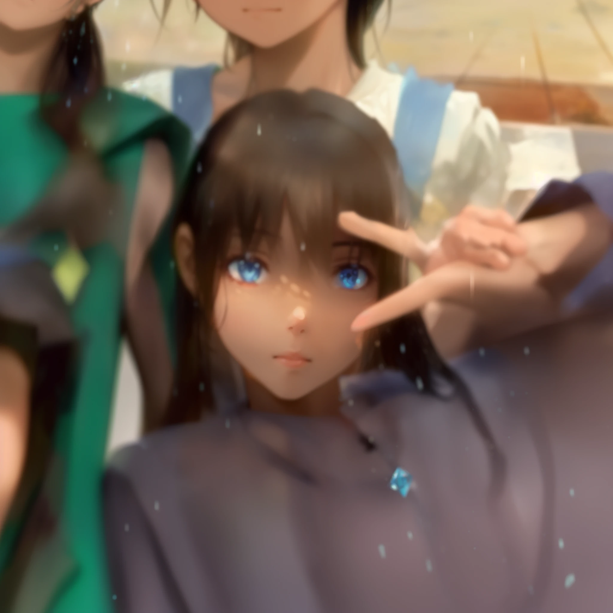((A far view)) of a black-haired anime girl, (sitting in the (river)), ((strong sunlight)), cinematic light, slim body, skin is perfectly healthy, soft, and smooth, Extremely delicate and beautiful CG illustration, best quality, high resolution, dynamic angle, full-length lens, (1 girl), floating, soft light, high-key lighting), glowing light, blue halo, blue crystal, ((very cinematic)), ((half naked)), (raining: 1.2), barefoot