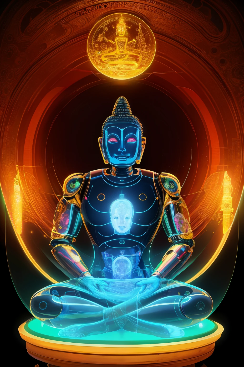 surreal art, Buddha robot, transparent body, black light, 8K, masterpiece, uhd, top quality