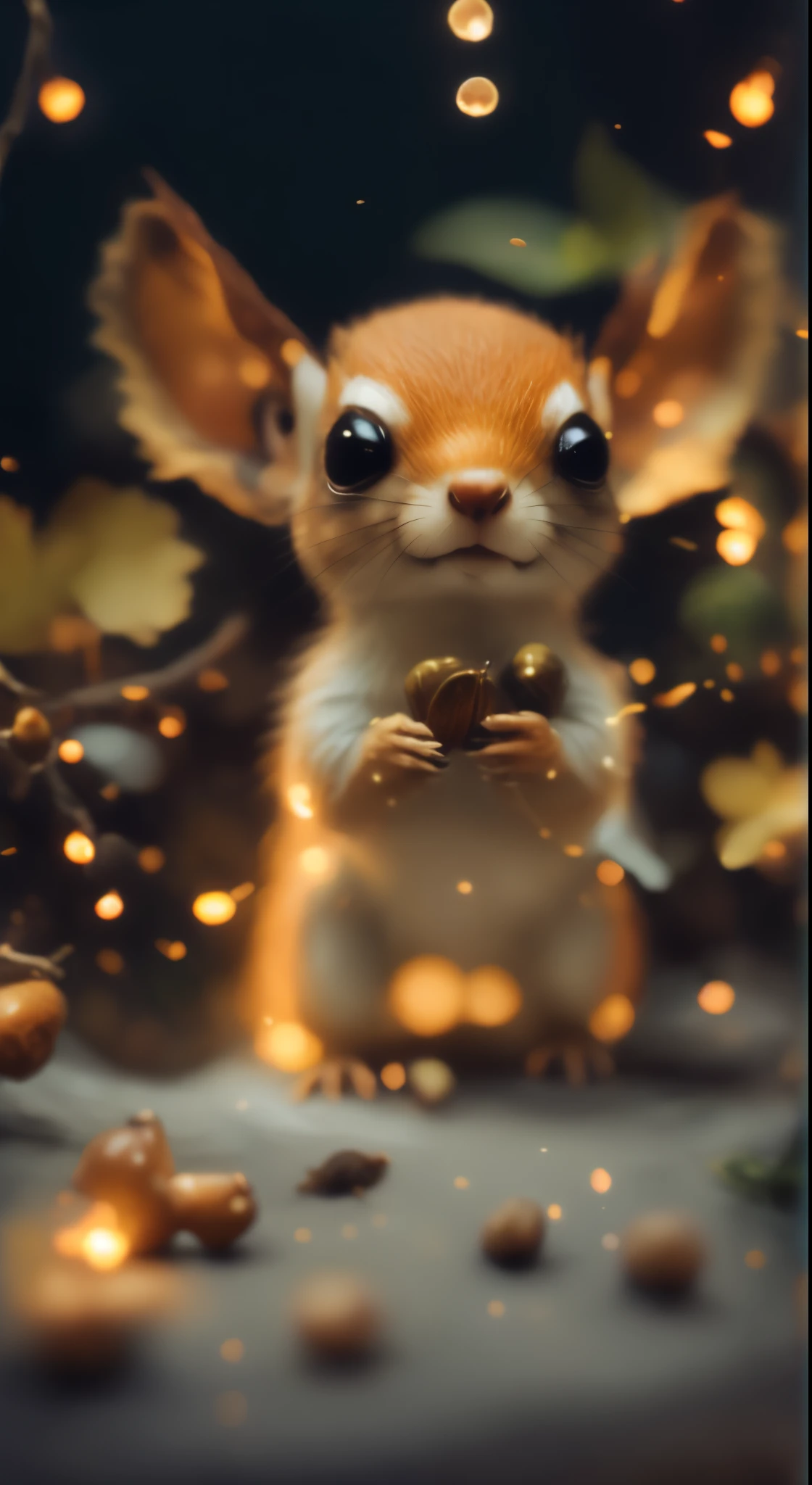 Close-up angle of cute tiny fireflies, Squirrel, tasseled ears, illuminating the bush, a detailed painting, cgsociety, Detailed painting, artstation hd, high detail, cgsociety, photo realism, Concept art, artstation hd, official arts, bokeh, 真实感, Realism, Squirrel, tasseled ears, holding a nut in his paws, acorn, tmasterpiece, Brad Jongsan walks in the jungle (Night of the Fireflies), (higly detailed: 1 1), rough face, natural skin, hiquality, NSFW, pretty eyes, (Detailed face and eyes), (s face: 1 2), tumult, Complementary, real-photo, ...PSD, Lightweight Film Photography, sharp-focus, contrast lighting, Detail Skin, high resolution 8k, Crazy detailing, Realistic, professional photo of a, 8K UHD, dslr, soft light, hiquality, film grains, Fujifilm XT3
