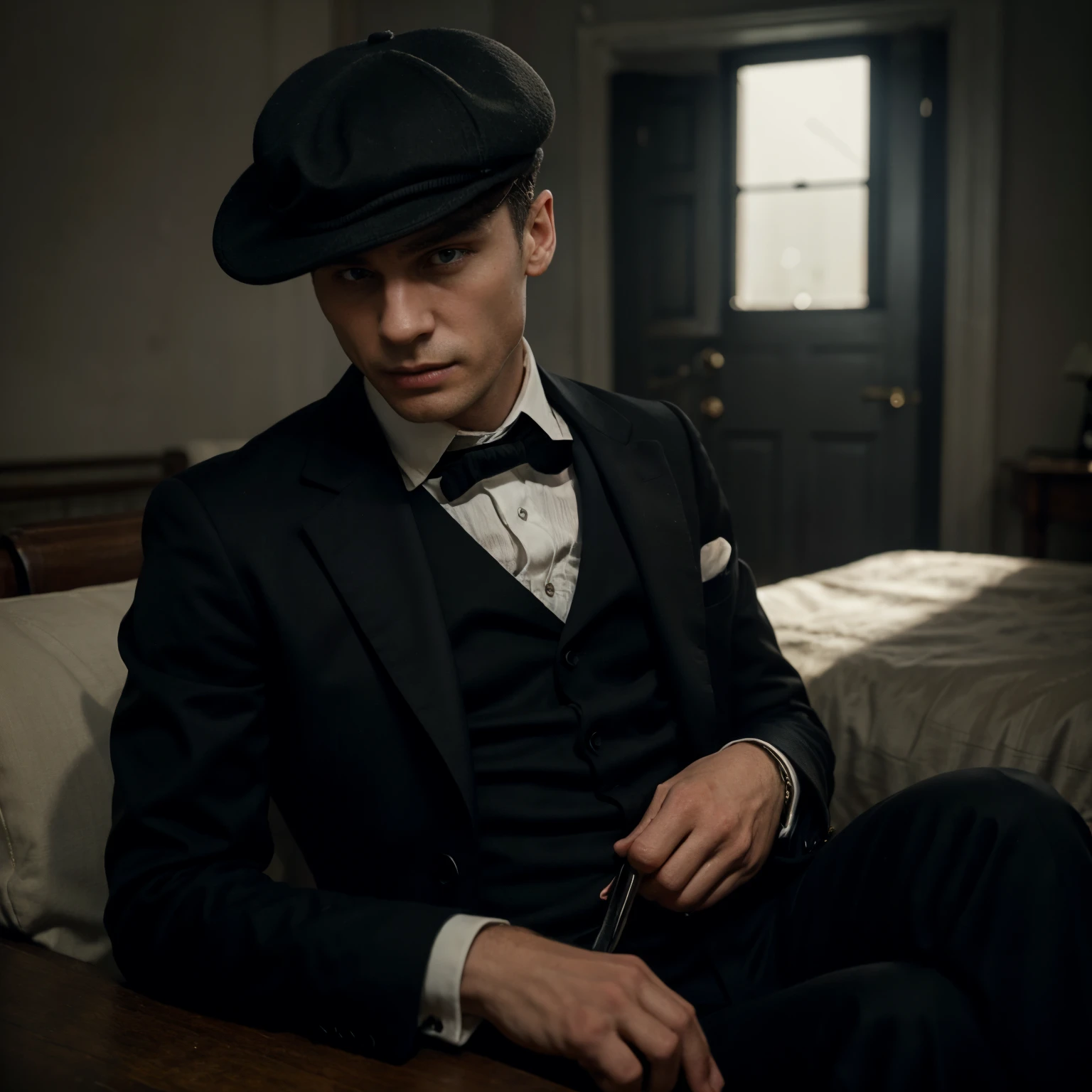 Thomas Shelby in black suit and hat, olhado para baixo lateral, 8k