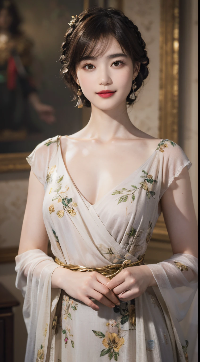 117
(a 20 yo woman,is standing), (A hyper-realistic), (high-level image quality), ((beautiful hairstyle 46)), ((short-hair)), (Gentle smile), (breasted:1.1), (lipsticks), (florals), (Light and Darkness), (rembrandt painting), (Luxurious room)