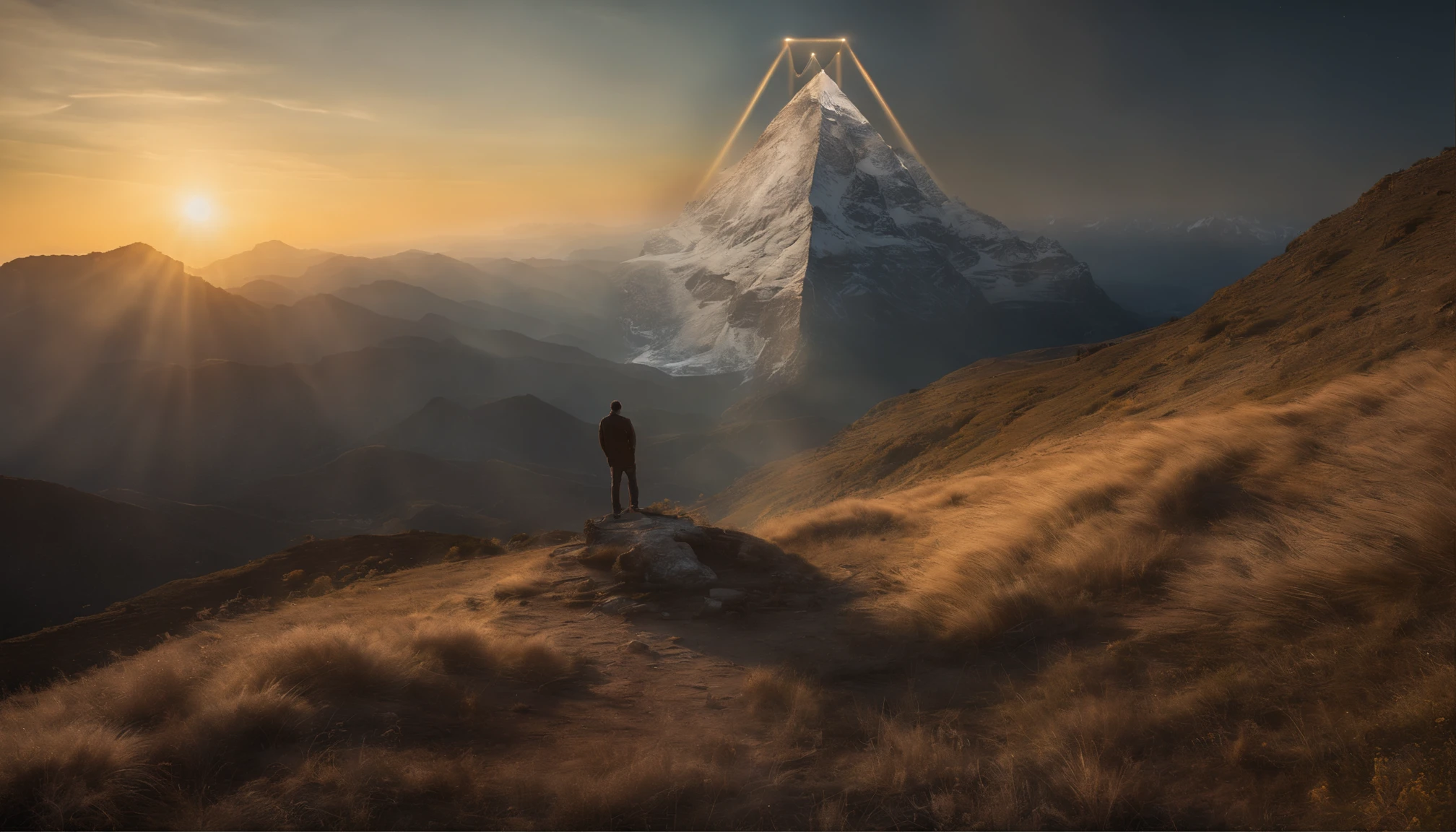 (Best quality at best,4K,8K,A high resolution,tmasterpiece:1.2),ultra - detailed,(actual,realisticlying,Photorealistic:1.37), Transcendent, sacred geometry, flower of life, Ascension, mont, A man stands at the top of a mountain, Gaze at the majestic mountain peaks,Peaceful mountain view, Merkaba dancing in the sky, above the man&#39;s head, Sunlight illuminates sacred patterns,Ascend to a higher dimension,Extraordinary energy radiates from the mountain,Majestic mountains bathed in golden light,Sacred symbolism blends harmoniously with the grandeur of nature,The view from the top is stunning,journey of enlightenment,An ethereal atmosphere enveloped the entire scene,The sublime connection between nature and spirituality,Serenity and serenity merge with sacred geometry.