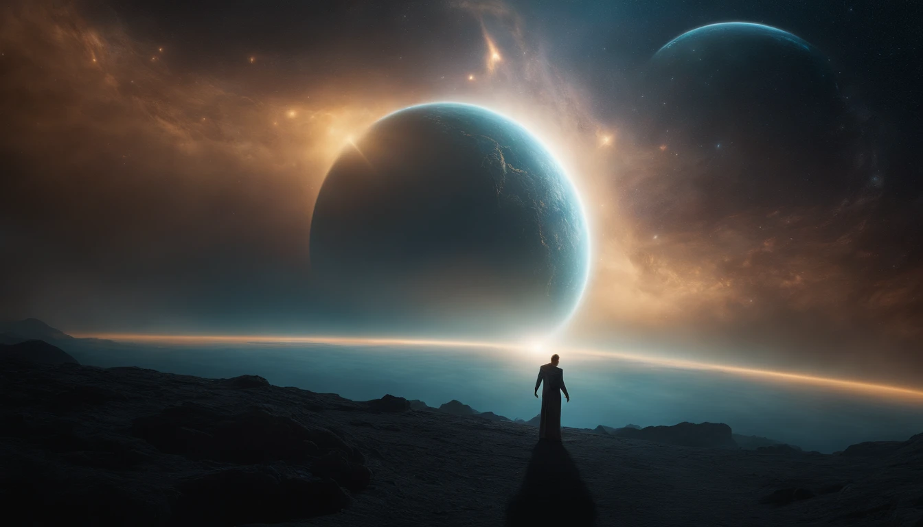 Ethereal, cosmic titan emerging from nebulae in outer space and rising above the horizon, (melhor qualidade, alta resolução, master part:1.2), ultra-detalhado, fotorrealista:1.37, surreal, cores vibrantes, etherial lighting, Energia Celestial, majestic presence, Aura sobrenatural, Spinning cosmic dust, great show.