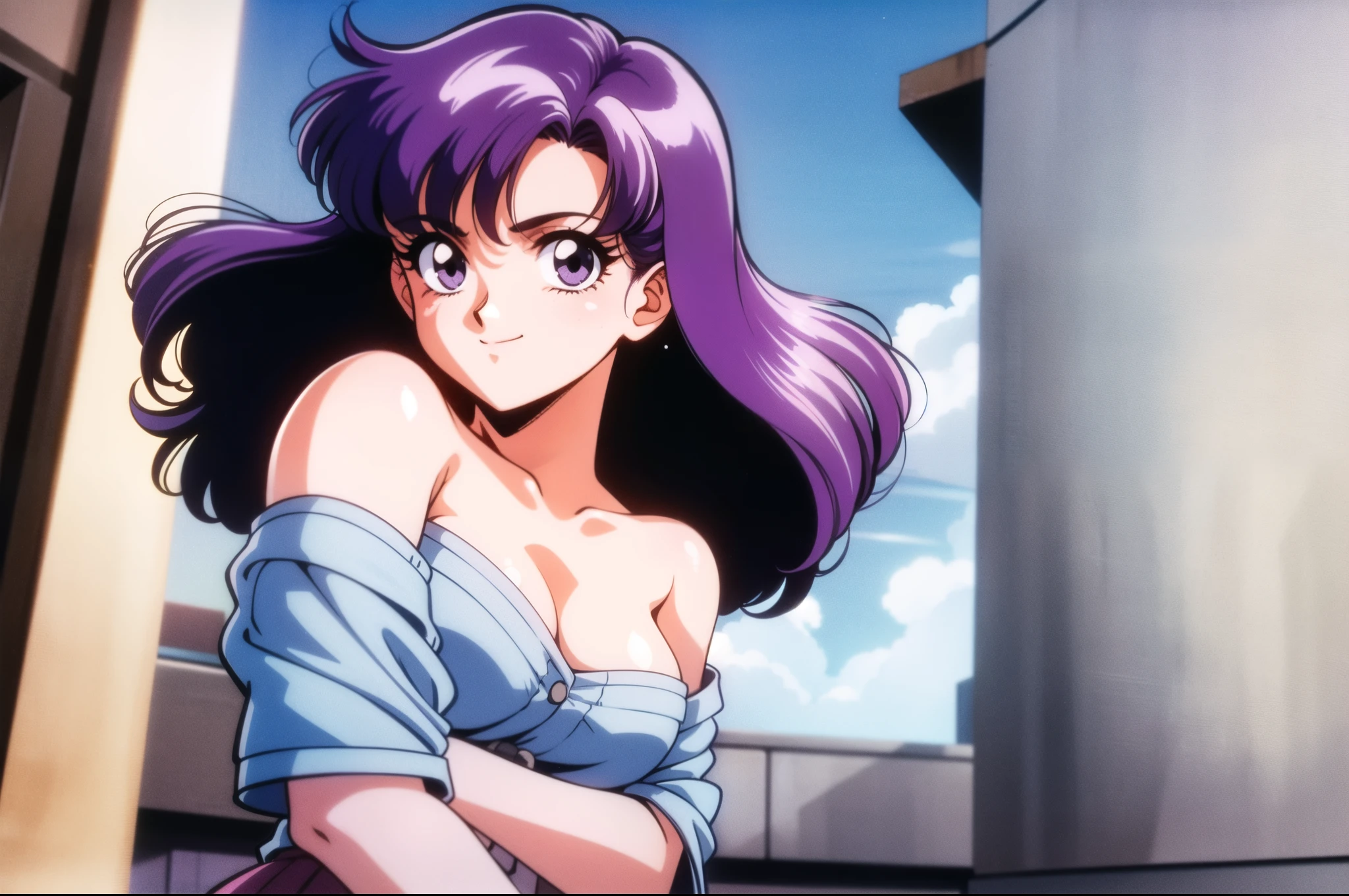 1个Giant Breast Girl, Alone, long whitr hair, nedium breasts, looking at viewert, ssmile, By bangs, The shirt, a skirt, exposed bare shoulders, Keep your mouth shut, a purple eye, 鎖骨, white  shirt, The upper part of the body, Purple colored hair, short- sleeved, side locks, Shiny, cropped shoulders, Parted bangs, curlies, off-the-shoulder shirts, retro artstyle, 90s of the 20th century (styled), 80s of the 20th century (styled)