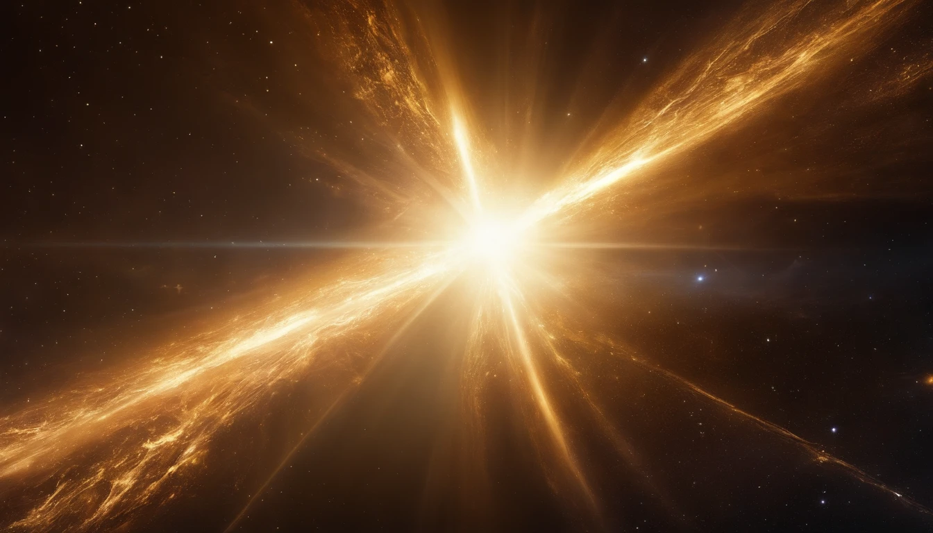 (stocky luminous flux),cosmos space,extra-fierce light beaming,golden and white beam,(shatter through the asiderite),magnificient,official art,best quality
