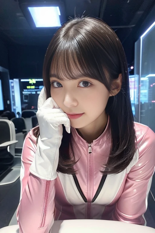 (put index finger on mouth, shiny rubber suit, stare at viewer, leaning forward, 1 girl, looking at viewer, from front, facing straight at viewer, pink and white clothes, white gloves, futuristic space suit, inside spaceship room), smile, upper body, body suit, short pencil skirt, high neck clothes, hide the neck, drooping eyes, head tilt, masterpiece, best quality, an extremely cute girl, 20 years old, girl, black hair, middle short hair