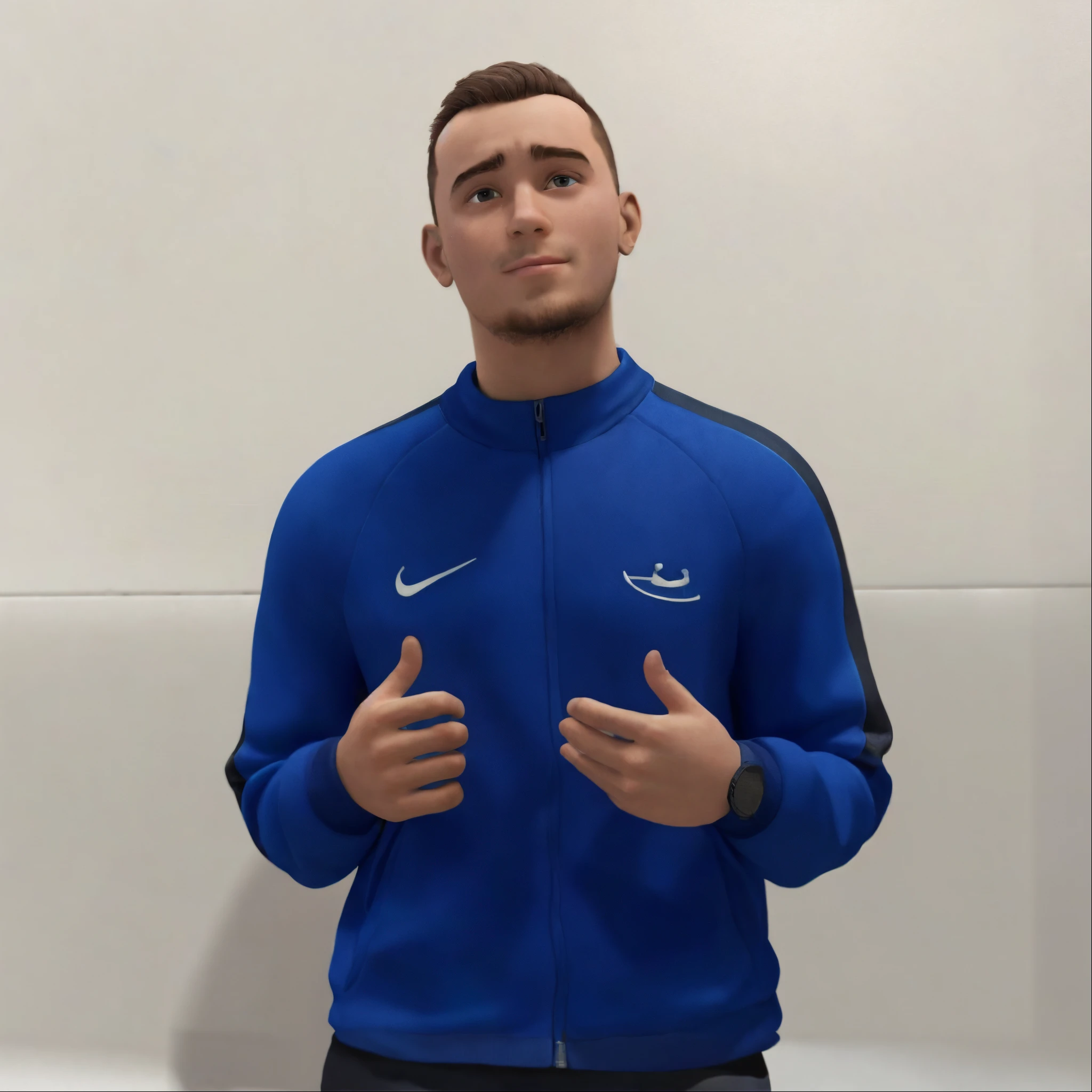arafed male in a blue jacket and black pants giving a thumbs up, wearing a tracksuit, upper body avatar, wearing a track suit, maxwell render, 3 d demo reel avatar, mohamed chahin style, inspired by Ion Andreescu, casual pose, inspired by Ludovit Fulla, inspired by Jean Malouel, professional render