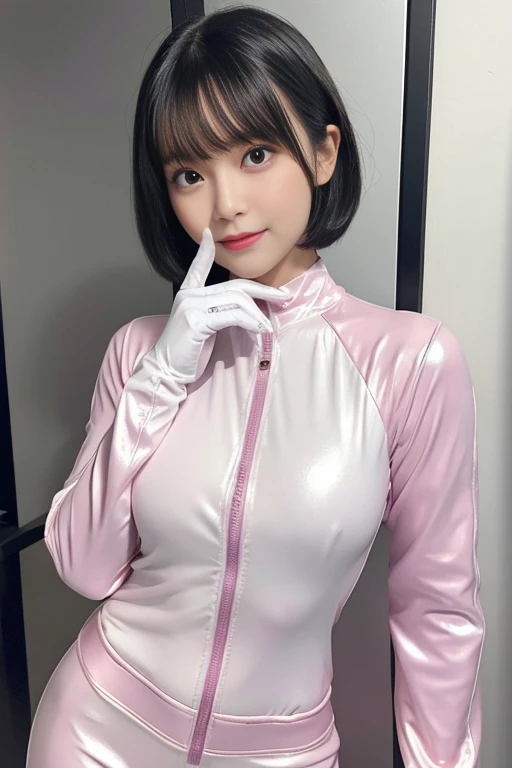 (put index finger on mouth, shiny rubber suit, stare at viewer, leaning forward, 1 girl, looking at viewer, from front, facing straight at viewer, pink and white clothes, white gloves, futuristic space suit, inside spaceship room), smile, upper body, body suit, short pencil skirt, high neck clothes, hide the neck, drooping eyes, head tilt, masterpiece, best quality, an extremely cute girl, 20 years old, girl, black hair, middle short hair