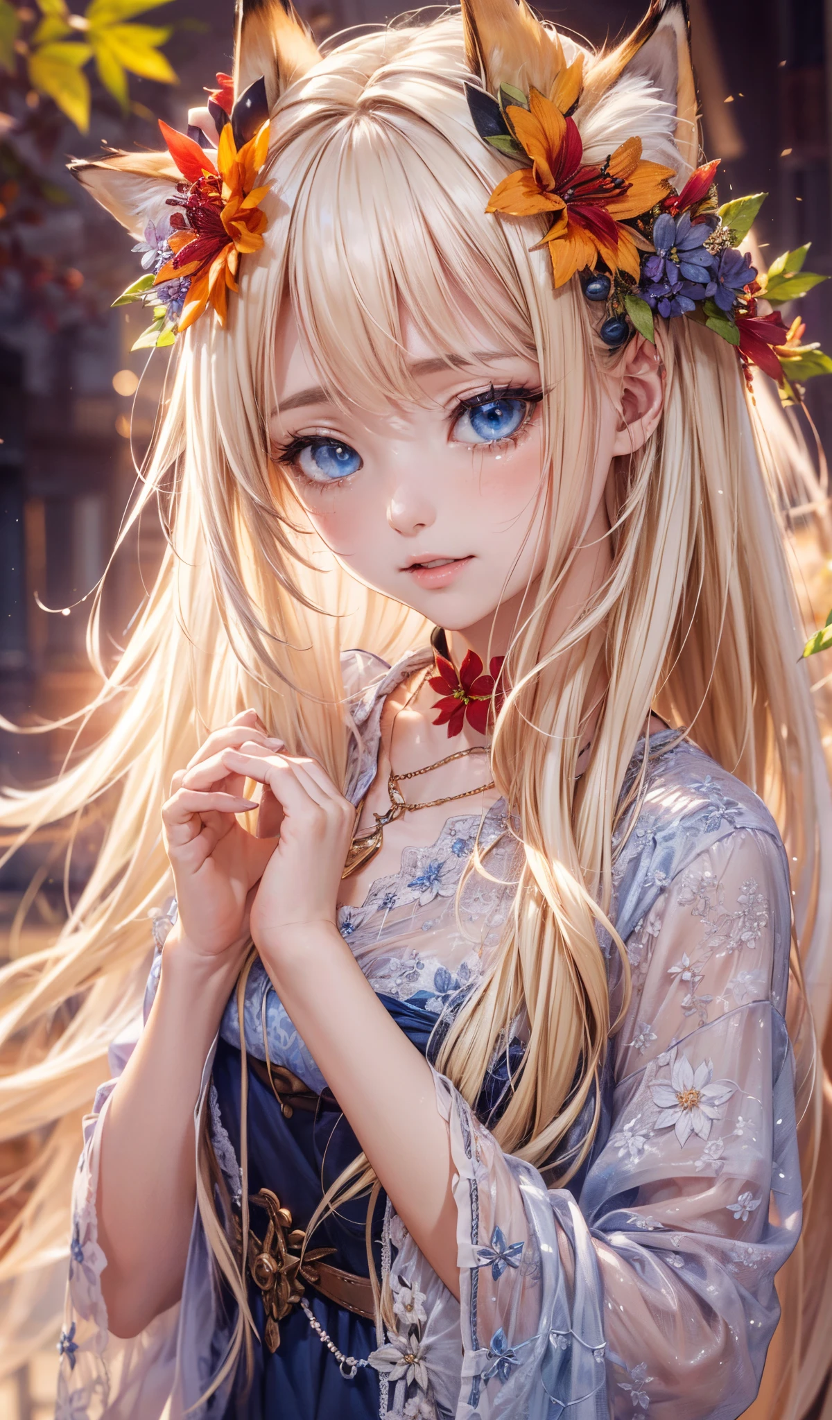 (masterpiece),(top-quality:1.2),1girl in,(masuter piece:1.3),exquisitedetails, Highest quality 8K resolution, Ultra-detailed, Realistic, Vibrant colors, Soft tones, With warm and gentle lighting,early evening,Big sunset,(Smooth straight blonde hair:1.2),(Hair parted in the middle:1.3),(Glowing hair),(Dark blue eyes:1.3),White skin, hair clips,Autumn twilight、Fox personification,Yellow dress、(Red Higan Flower:1.4)、is crying、Guibli、Valley,a necklace、