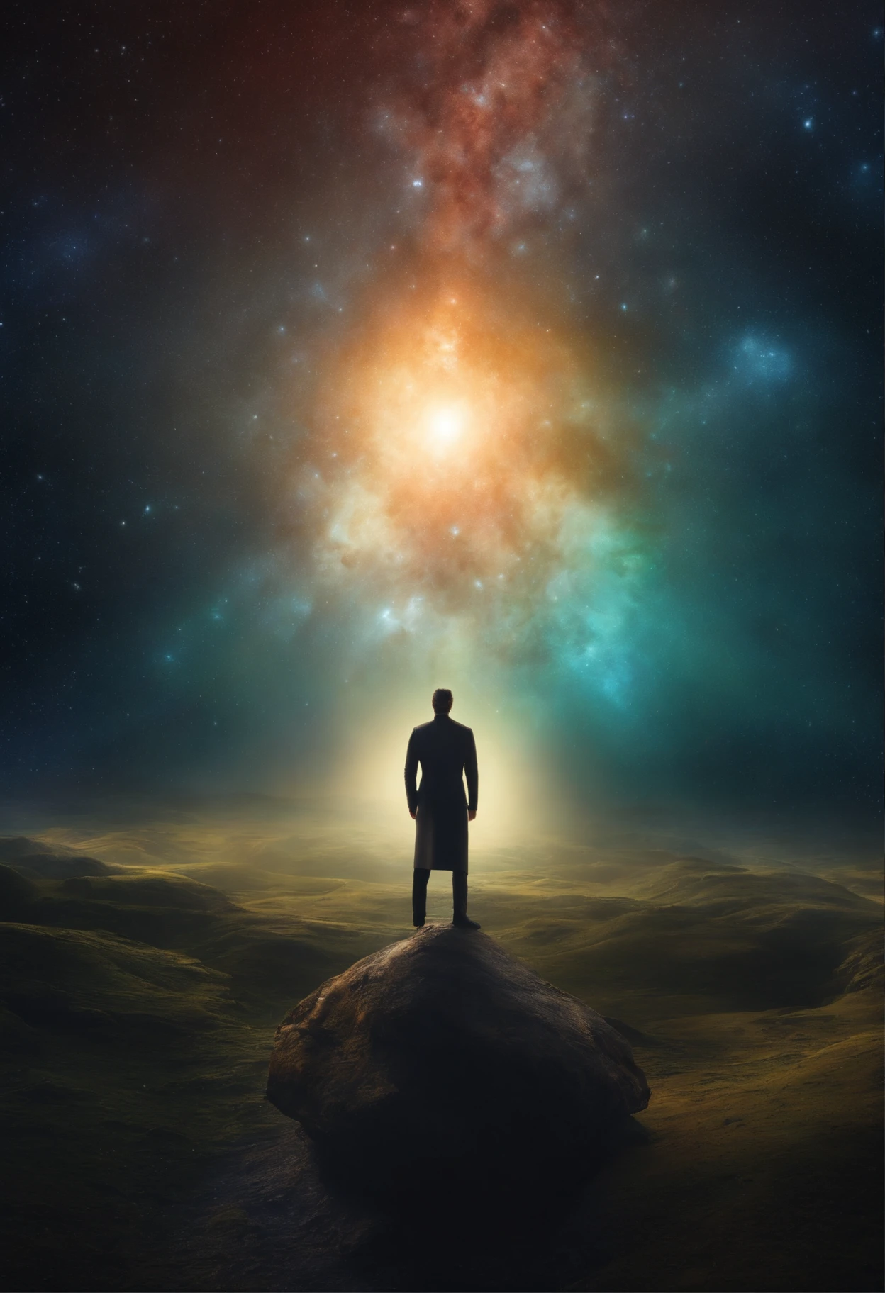 Mysterious man astral body in the middle of the universe, Eteric atmosphere, Aurico