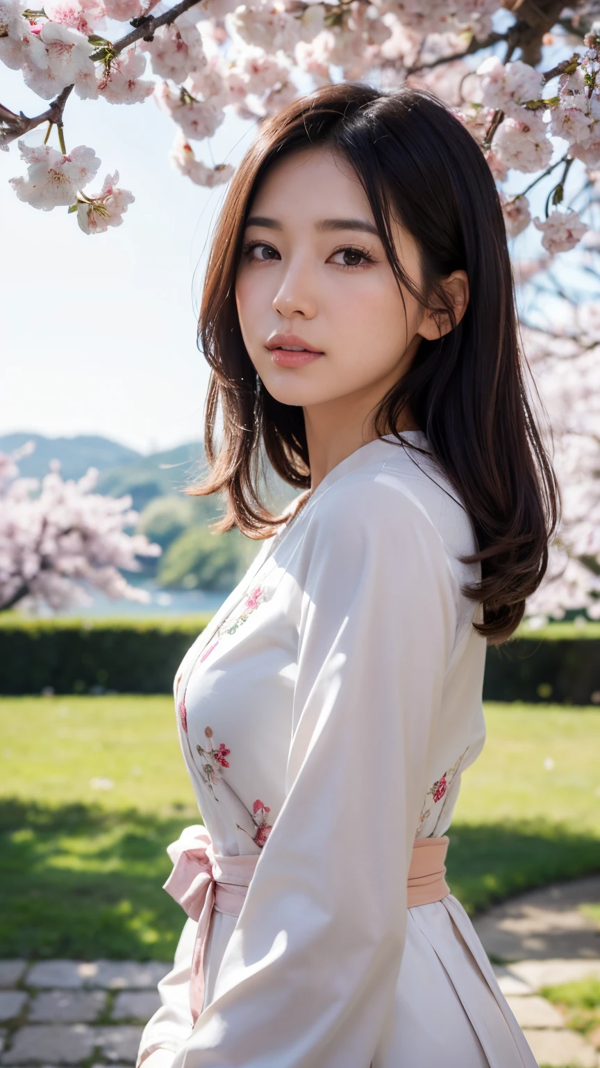 (A logo、​masterpiece、8K、masutepiece、Raw photo、Fantastic、Best Quality、Photorealistic、extremely detailed CG unified 8k wallpaper、hightquality、ighly detailed、epic poem、Particle effect、Dynamic effects、depth of fields、Cinematic Light、Lens Flare、Ray tracing)、Fantasia、 (Beauty 1 person、White Japanese Clothing、Japanese dress、White cherry blossom pattern、White cherry blossom embroidery pattern、A dark-haired、Beautiful face、Real Face、Beautiful detail eyes、Beautiful skin)、Hair flutters in the wind、Hair jumps、Pink cherry blossom tree、Petals flutter、Sakura blizzard、Superb view、morning glow、Sun in the background、the wind、Deities、tusk、myth、Vast Land、