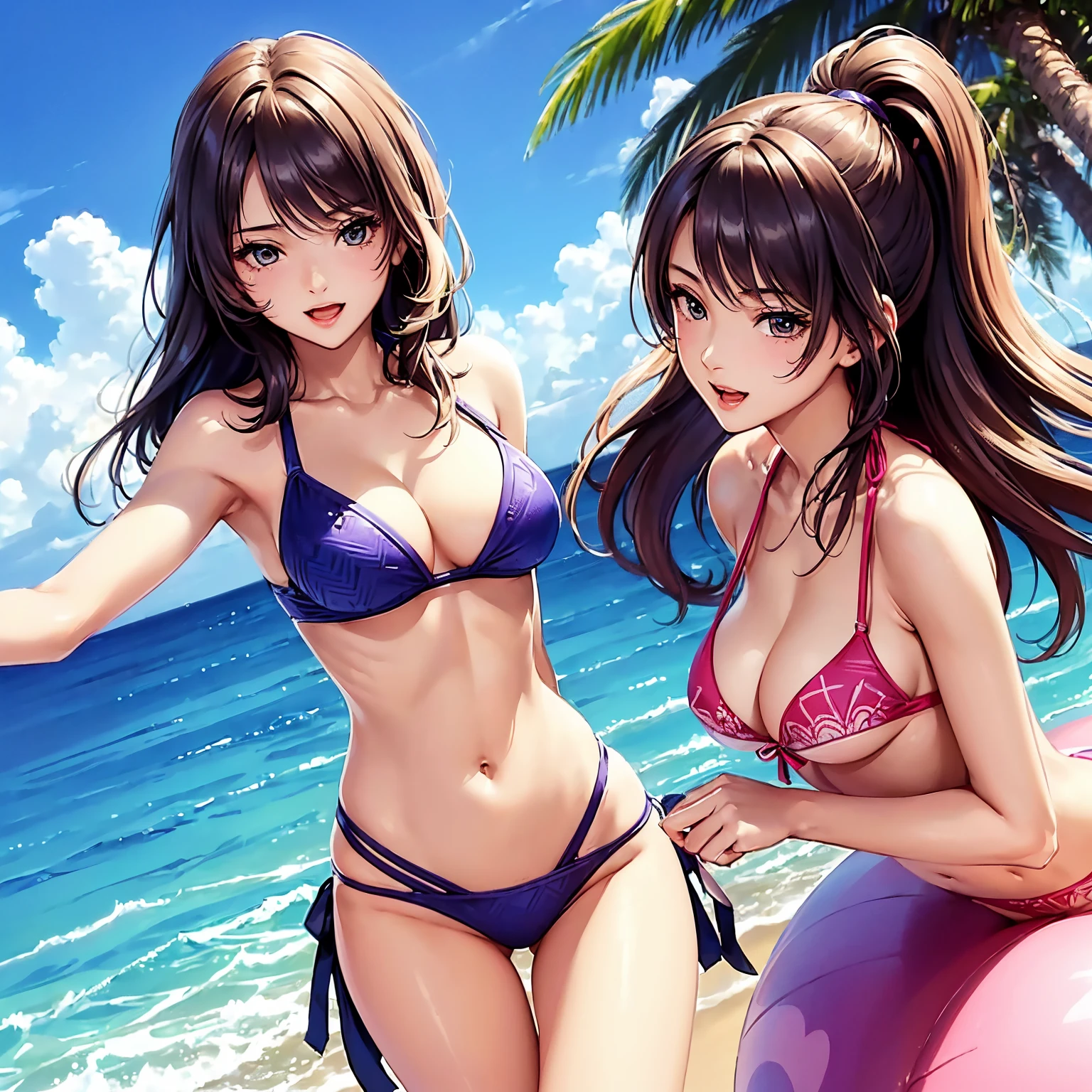 (top quality picture、masterpiece level、very high res、An ultra-high picture quality、High quality pixels)、(1girl in,She is a very beautiful woman、and she is 20 years old、1 person、Single、Beautiful woman)、(Beautiful face written in detail,Beautiful body,Strong-willed eyes,Beautiful eyes,Beautiful hair,Beautiful skin texture)、(Beautiful hair quality,Variety of hairstyles)、(Slender body and beautiful breasts)、(Lovely smile,Open mouth)、(Wearing colorful bikini swimsuits,Wearing a patterned bikini swimsuit,adult-like),(Outdoor pool,modelshoot,Magazine shooting,Hair flutters under the influence of the wind),The wind is blowing、Beautiful Art Style,an animated character、(The whole picture、Detailed picture、accurate anatomy、Defect-free images、extremely detailed picture、Accurate images、image perfect)、(Best Shot Photo 1.2)