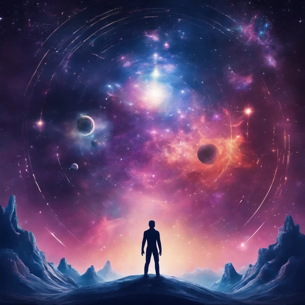 Mystical man in the middle of the universe Astral body, deep meditation, Etéric atmosphere, Aurico