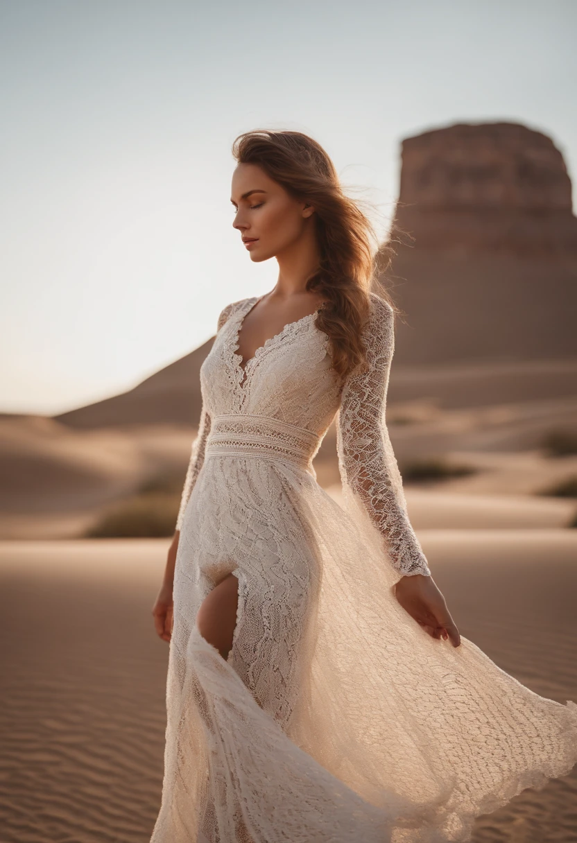 Mujer regordeta con un vestido midi de crochet sentada en un banco en el desierto, Retrato de Sophie Mudd, Foto de retrato suave 8K, Elegante joven sensual, suave e intrincado, Ethereal Beauty, Medio cuerpo en primer plano, Hermosa modelo joven, Anna Nikolanova aka como Newmilky, Foto de cuerpo en primer plano, Joven sensual, hermoso rostro delicado, en la arena, pechos grandes, Vestido que cae, Glamorous 4k photography