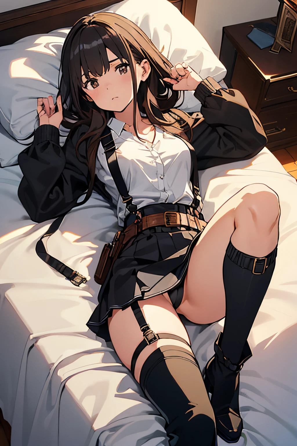 Brown hair、watching at viewers black suspenders Bulging big breasts walls: Black miniskirt garters Gaze Small face bangss holster Belt Armament Beautuful Women srestrained hands up Lying in bed Leg holster lying on the bed Gaze black boots panty shot
