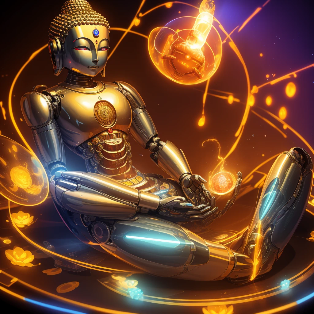 Buddha robot, transparent body, black light, 8K, masterpiece, uhd, top quality, full body, meditating