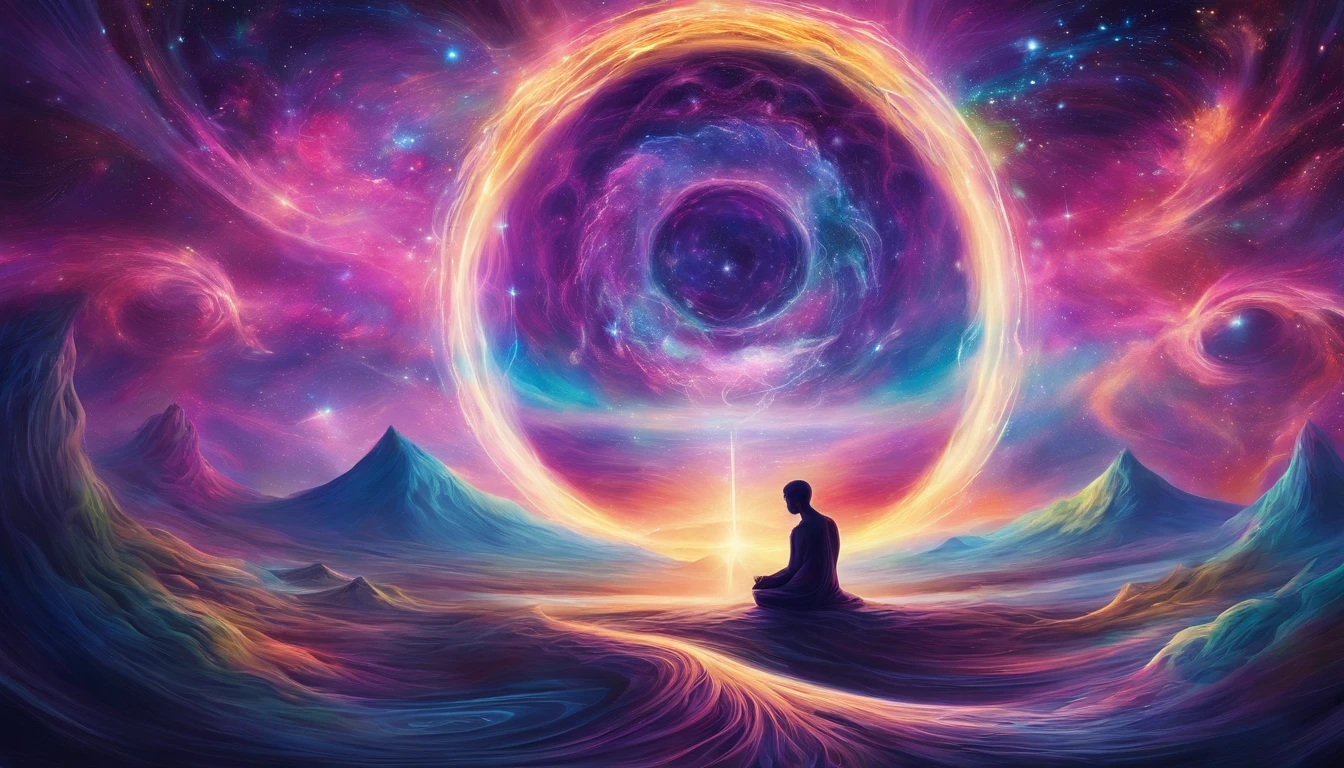 Human face in deep meditation, serenidade, aura brilhante e sutil, universo em roxo e violeta, Stars and galaxies, soft, ethereal clouds, connectedness, roots in the earth, branches to the starry sky, tons amarelados, paz interior, cosmic harmony