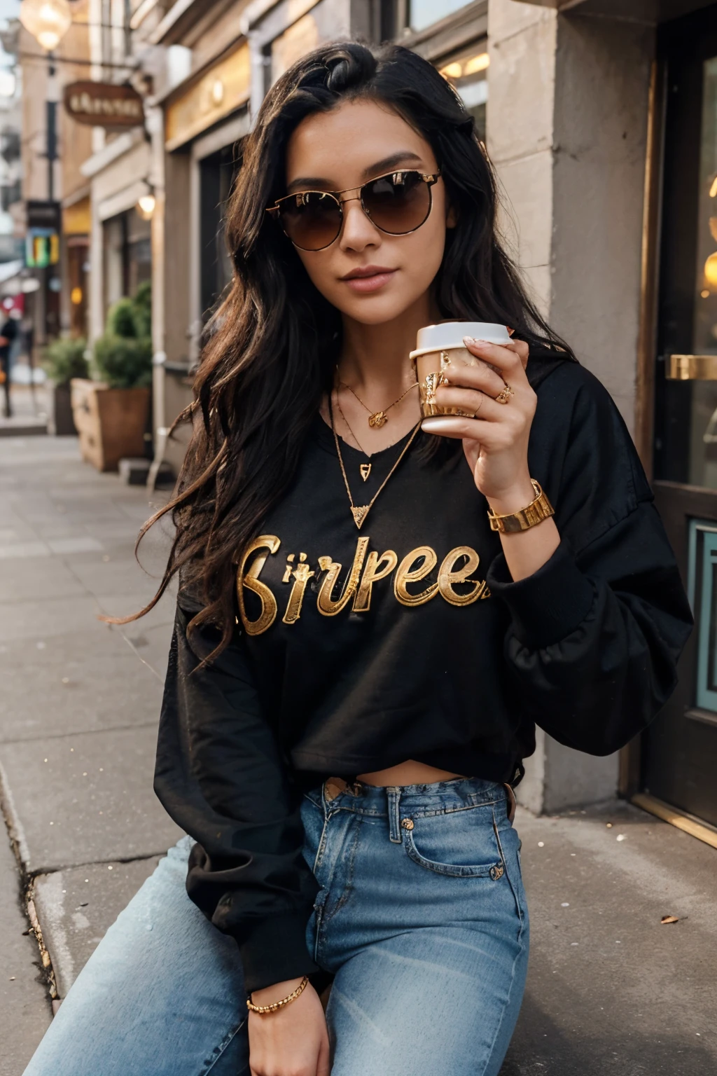 25 year old woman drinking coffee in trendy café, wavy black hair hair, Stylish clothes, wearing hoody, sexy denim jeans, sunglasses, wearing gold necklace, wearing gold bracelet, outside of house, epic, smooth, vibrant, 8k, intricately maximalist-details, extremely detailed