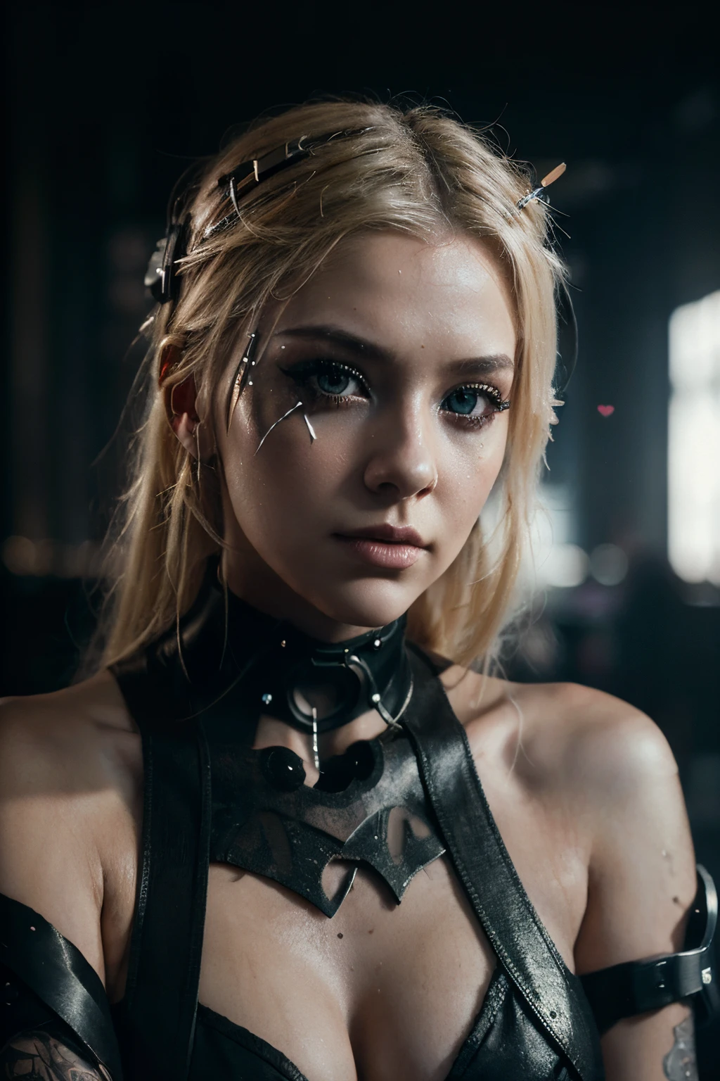 A beautiful and sweet cyberpunk blonde, a digital painting of a woman with Love Makeup with arrows, Heart-shaped makeup, cgsociety, gothic art, dystopian art, detailed painting, behance hd, figurative art, anime aesthetic, deep photography, Ilford HP5 film, crushed blacks, depth of field, dark photo, film grain, shadows, natural light