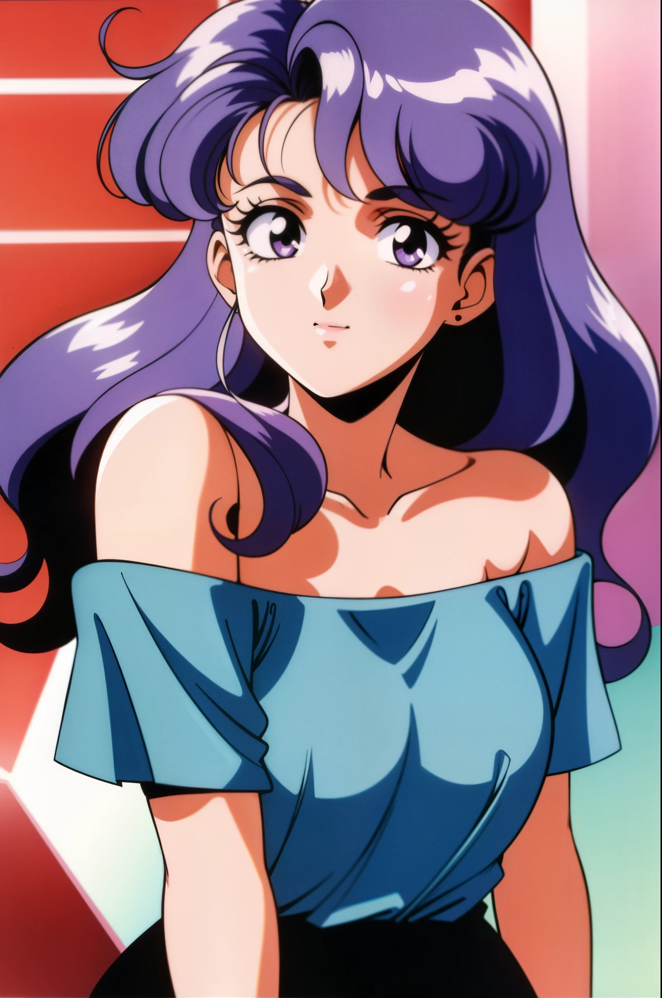 1 busty girl, Alone, Long gray hair, mediuml breasts, looking at viewert, ssmile, through bangs, The shirt, a skirt, exposed bare shoulders, close your mouth, a purple eye, 鎖骨, white  shirt, upper part of body, Purple colored hair, short- sleeved, side locks, Shiny, cropped shoulders, Parted bangs, curlies, off-the-shoulder shirts, retro artstyle, 90s of the 20th century (Stylized), 80s of the 20th century (Stylized)